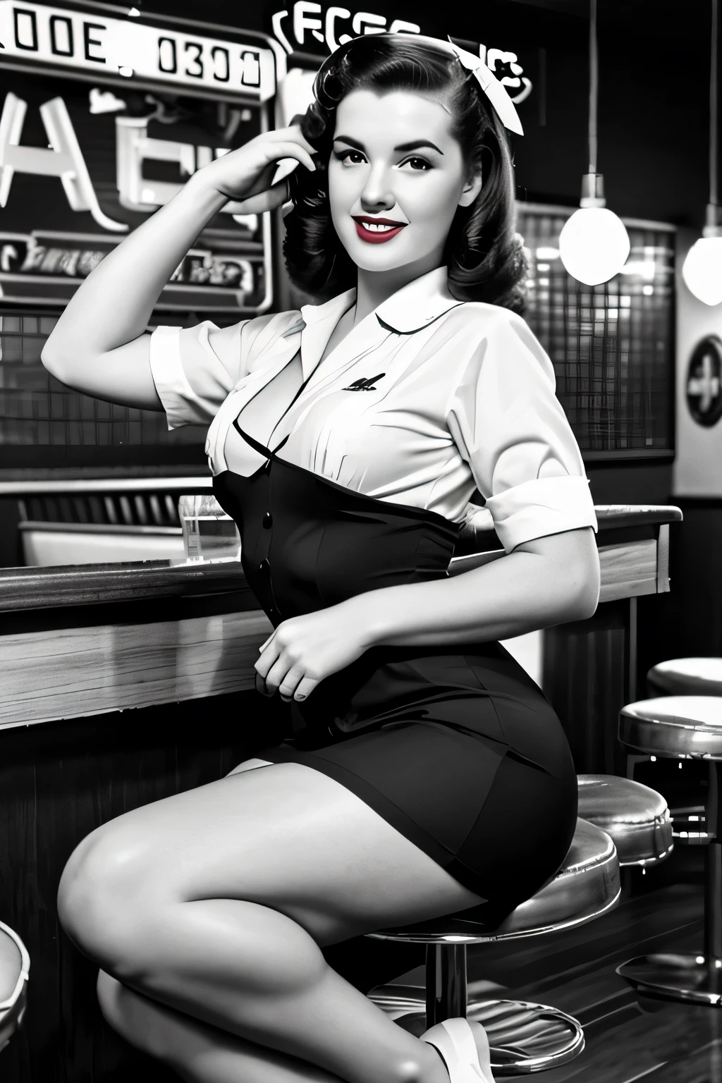 Impressive wartime pin-up girl images, Dressed in retro costumes, Pose gracefully in a nostalgic 1940s bar. Black and white images add a vintage feel to the scene, Capture the essence of the era's iconic pin-up art and vintage aesthetics.