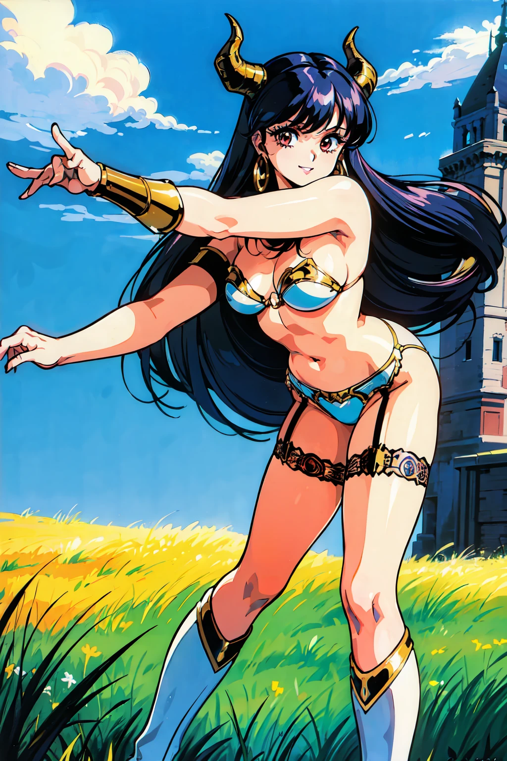 "(masterpiece:1.1), best quality, 
1girl, (traditional media 80s:1.4), (eyelashes:1.5), (loli:1.2), 
(intricate high detailed body:1.2), 
(purple hair:1.1), (bangs:1.1), (long hair, french braid:1.1), 
brown eyes, (lip stick:1.2), 
(pale skin:1.2), (curvy body:1.1), (large breasts:1.1), 
(happy, smile:1.2), (blush:1.1), open mouth, 
(bikini armor, criss-cross halter:1.2), (knight armor, armored boots:1.2), 
(suspenders:1.1), (earrings:1.1), gauntlets, 
(dynamic pose, spread legs:1.1), 
(cowboy shot, cameltoe:1.1), 
(daytime, grassland, outdoors:1.1)"