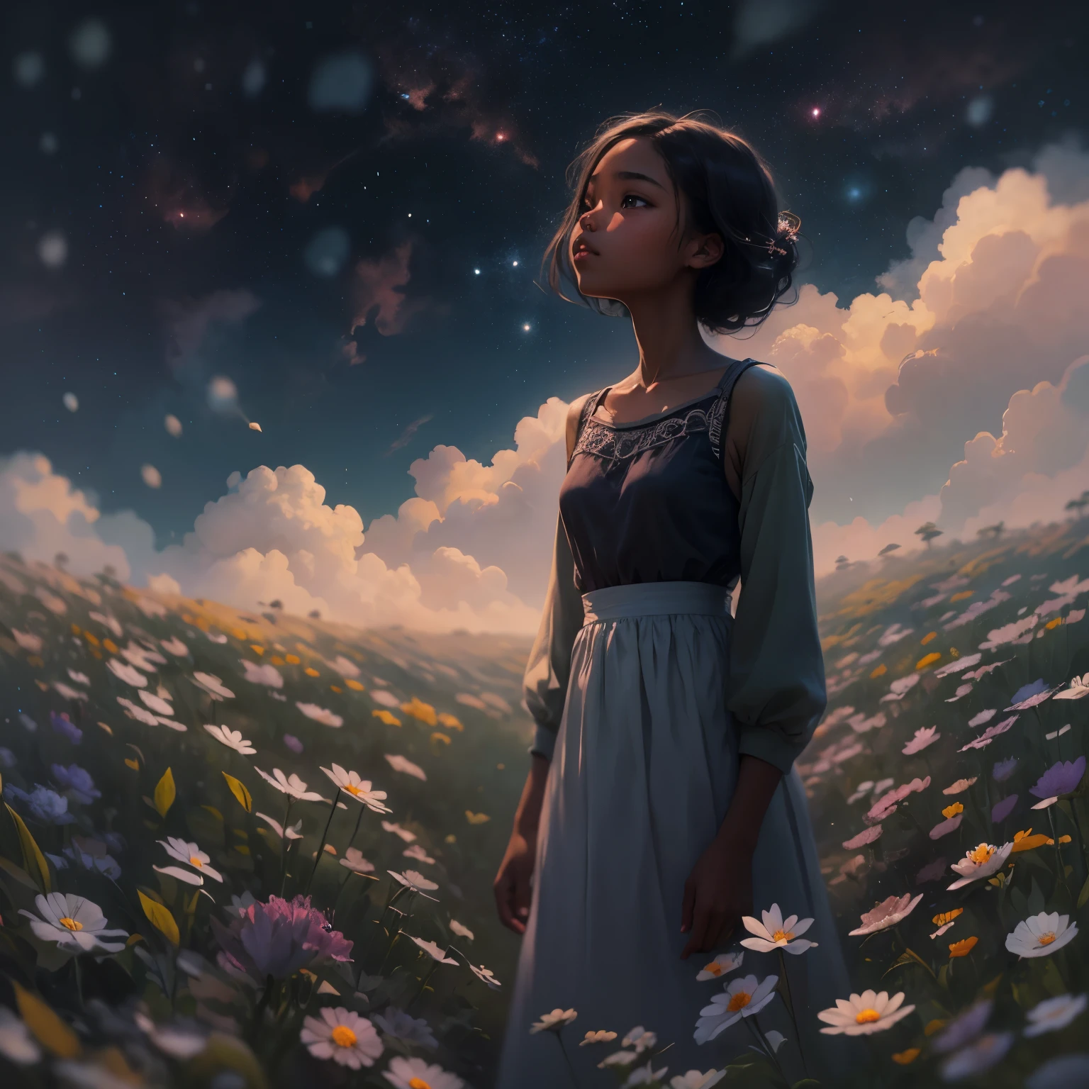 There is a black girl (dark skin) standing in a flower field looking up at the sky, a girl standing in a flower field, a girl walking in a flower field, lost in a dreamy wonderland, standing in a flower field, fantastic digital painting, the sky gradually clears, the starry sky gradually recedes, waiting for the ship to come in, art by Laura Diehl Yaoyao Ma Van As
