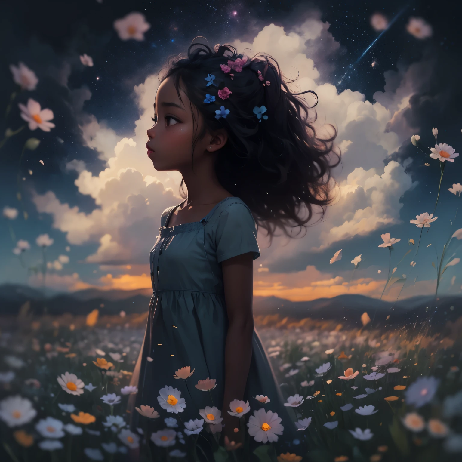 There is a black girl (dark skin) standing in a flower field looking up at the sky, a girl standing in a flower field, a girl walking in a flower field, lost in a dreamy wonderland, standing in a flower field, fantastic digital painting, the sky gradually clears, the starry sky gradually recedes, waiting for the ship to come in, art by Laura Diehl  Yaoyao Ma Van As