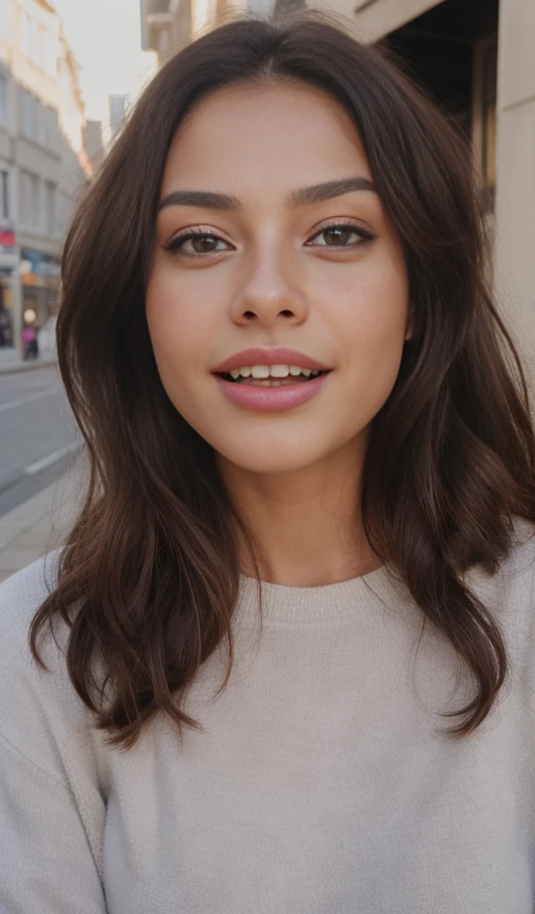 1 girl looking directly to camera, fun, in distance, very pretty, 23 years old, tanned, long curly hair, pink hair, dark brown eyes, fluffy eyebrows, lips, realistic, far away, hyper realistic, detailed skin, realistic eyes, best quality, masterpiece, ultra high res, (photorealistic:1.3), 8K, raw photo, 1girl, natural skin texture, wearing shall and warm clothes in street, close eyes, laughing, natural skin texture, dynamic pose,curvy body, selfie, kissing pose, open mouth, showing tongue, light freckles