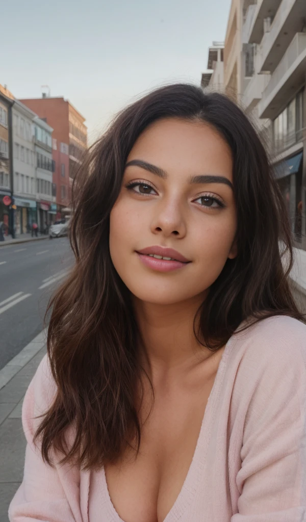 1 girl looking directly to camera, fun, in distance, very pretty, 23 years old, tanned, long curly hair, pink hair, dark brown eyes, fluffy eyebrows, lips, realistic, far away, hyper realistic, detailed skin, realistic eyes, best quality, masterpiece, ultra high res, (photorealistic:1.3), 8K, raw photo, 1girl, natural skin texture, wearing shall and warm clothes in street, close eyes, laughing, natural skin texture, dynamic pose,curvy body, selfie, kissing pose, open mouth, showing tongue, light freckles