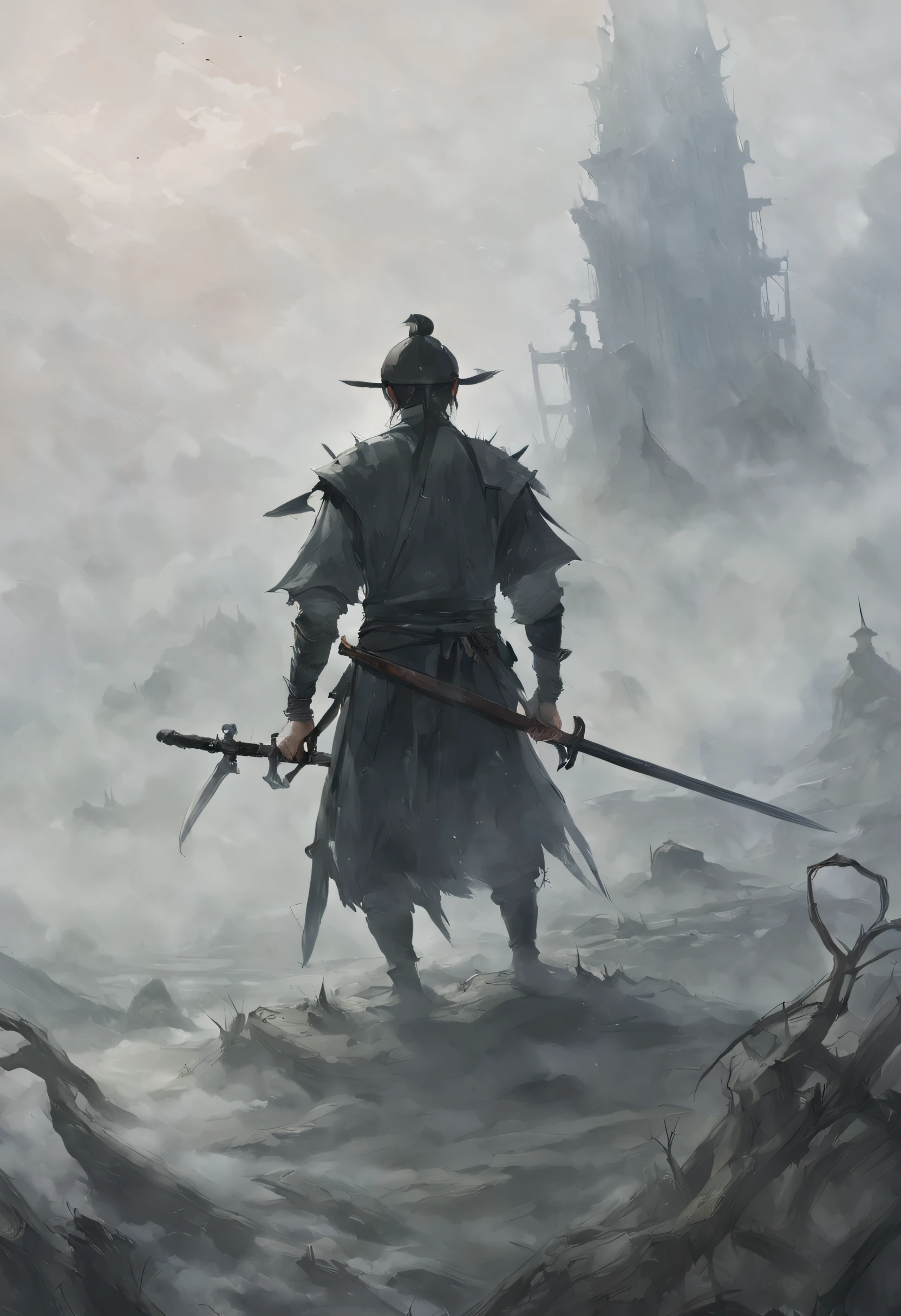 Draw a man with a sword，In the mist-shrouded landscape, inspired by somi, author：heroes, author：Shen Zhou, concept art illustration, traditional japanese concept art, inspired by Feng Zhu, Illustration concept art, Inspired by Shen Zhou, Inspired by Zhang Sengyao, author：Li Zai, author：Sun Kehong, A beautiful artistic illustration, dramatic concept art