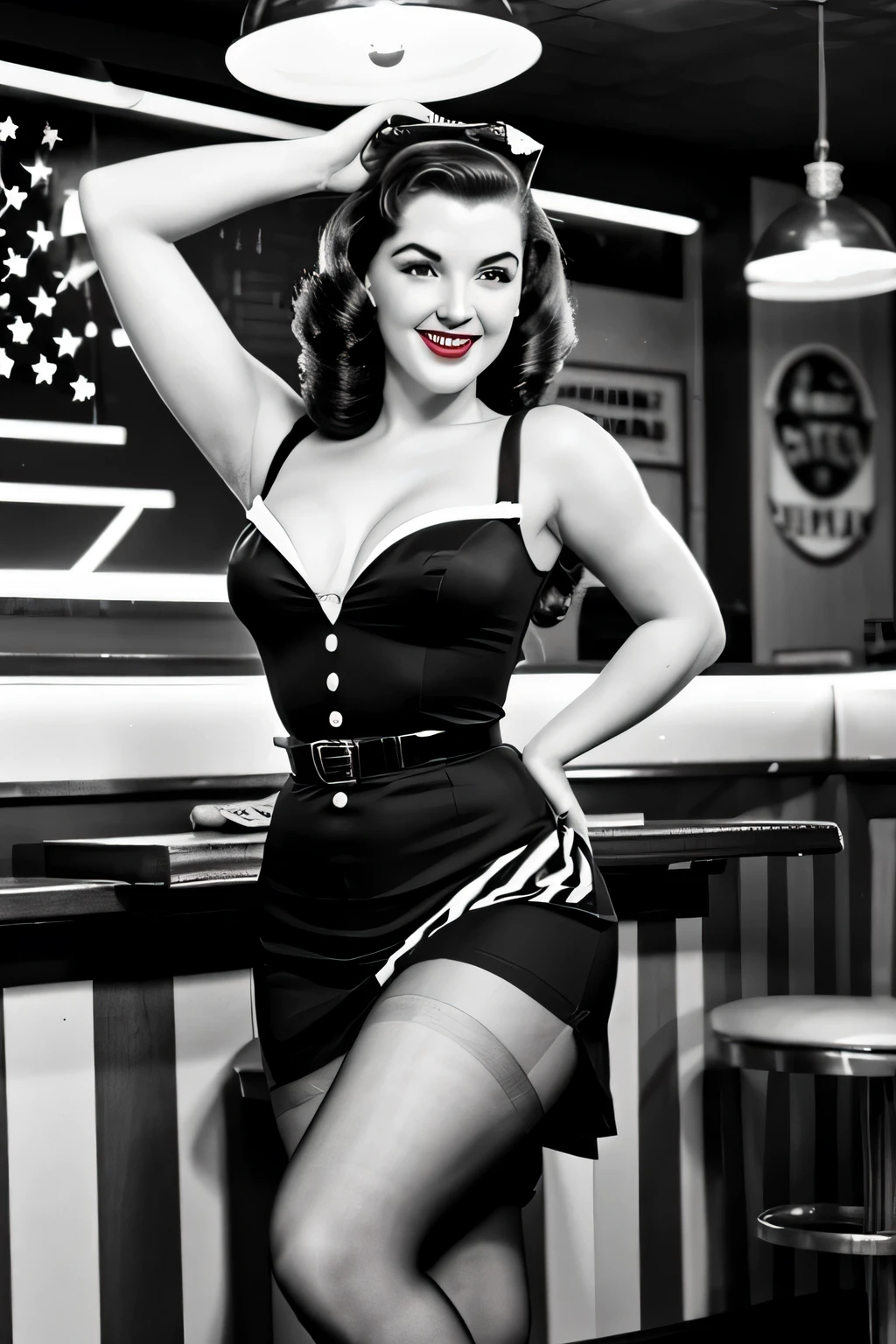 Impressive wartime pin-up girl images, Dressed in retro costumes, Pose gracefully in a nostalgic 1940s bar. Black and white images add a vintage feel to the scene, Capture the essence of the era's iconic pin-up art and vintage aesthetics.