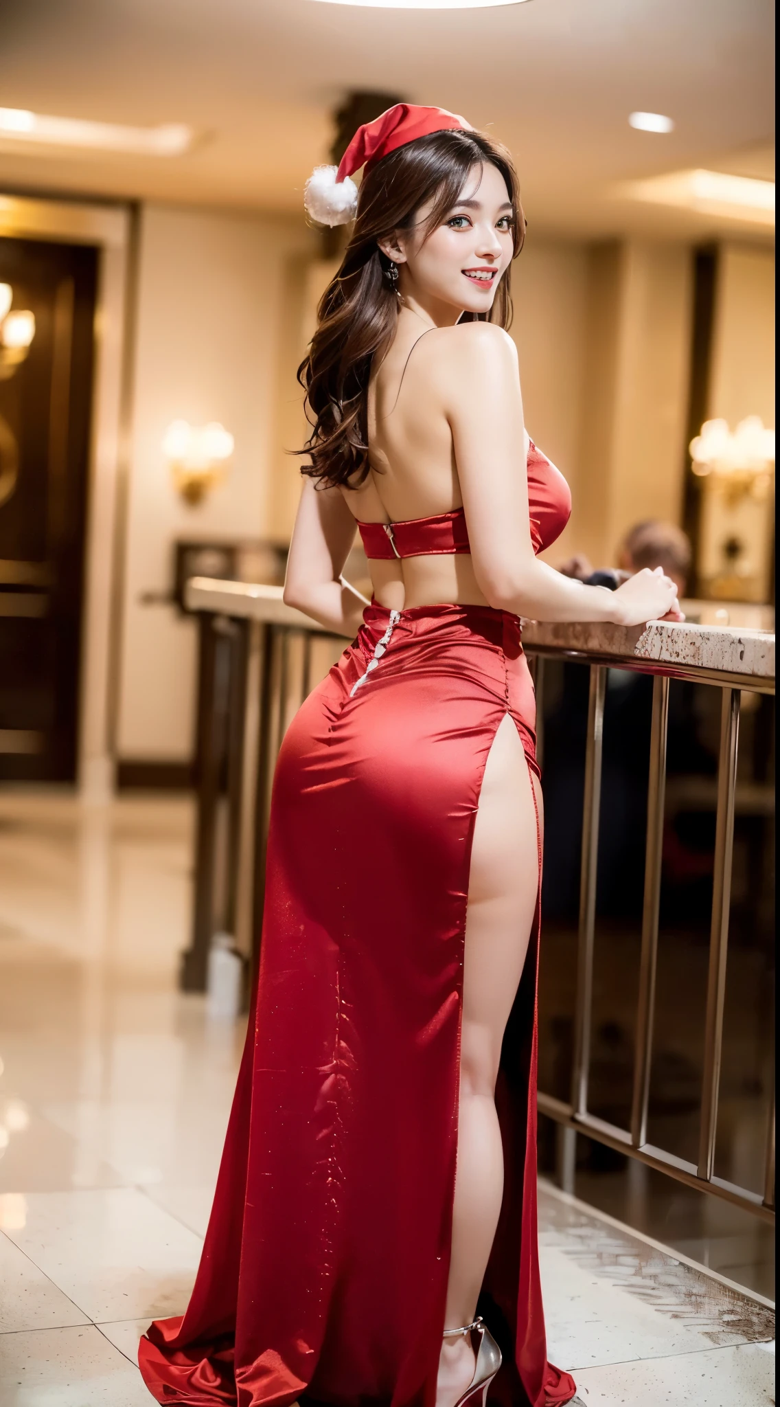 (((solo person))),(((A slender and beautiful gravure idol who wears a long dress with a red Santa hat and stiletto heels.))),(((Looking outside from the balcony of a hotel with a beautiful night view))),(((Royals Astepiece:1.6))),(((ulzzang-6500))),(((perfect anatomia))),(((Deep depth of field with Hasselblad))),(((Beautiful slim and muscular waistline))),​masterpiece,top-quality,超A high resolution,High detailed full body portrait,(photographrealistic:1.4),(((High nose and chiseled beautiful face))),(((Long limbs like a model))),Fair skin is dazzling,(((Long skirt dress made of fluffy red velor fabric))),Tuck your chin, raise the corners of your mouth and smile happily.,((Take a full body photo from behind)),20yr old,cute little,long and shiny chestnut hair,((Plump G-cup bust and beautiful waistline),(Close your mouth and smile happily),A detailed eye,(( Gravure photography)),((Long skirt with a slit up to the waist)),Cute big eyes and long eyelashes,Distinct double eyelids,((shiny thick lips)),(((perfect anatomia))),