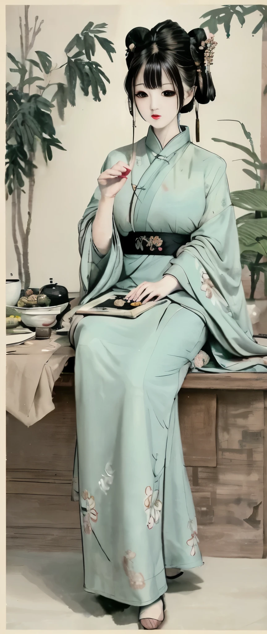 a close up of a full colour painting of people in a landscape, ancient chinese beauties, qing dynasty painting, by Wang Lü, su fu, mu pan, by Lü Ji, song dynasty, ancient china art style, chinese painting, robed figures sat around a table, by Wang Hui, by Yun Du-seo, old chines painting, traditional chinese painting