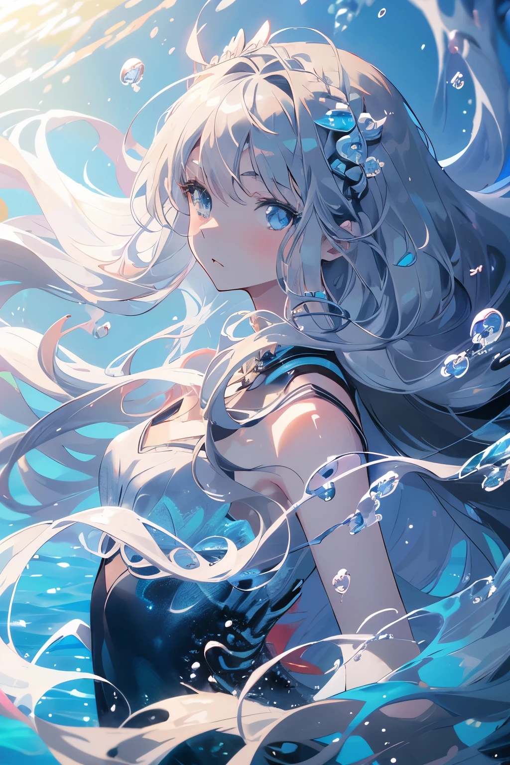 (masutepiece), (Best Quality), Highly detailed, 1 girl, Solo Focus, Perfect face, Anime Beautiful Girl, extra detailed face,(Gray long hair:1.5),(Light blue eyes:1.4),(Floating hair:1.4),under the water,ocean floor,AngelT,foam,Jellyfish,sea weed