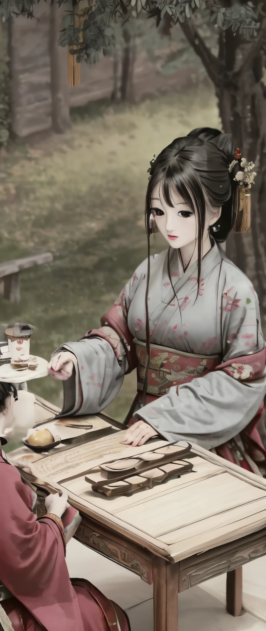 a close up of a full colour painting of people in a landscape, ancient chinese beauties, qing dynasty painting, by Wang Lü, su fu, mu pan, by Lü Ji, song dynasty, ancient china art style, chinese painting, robed figures sat around a table, by Wang Hui, by Yun Du-seo, old chines painting, traditional chinese painting