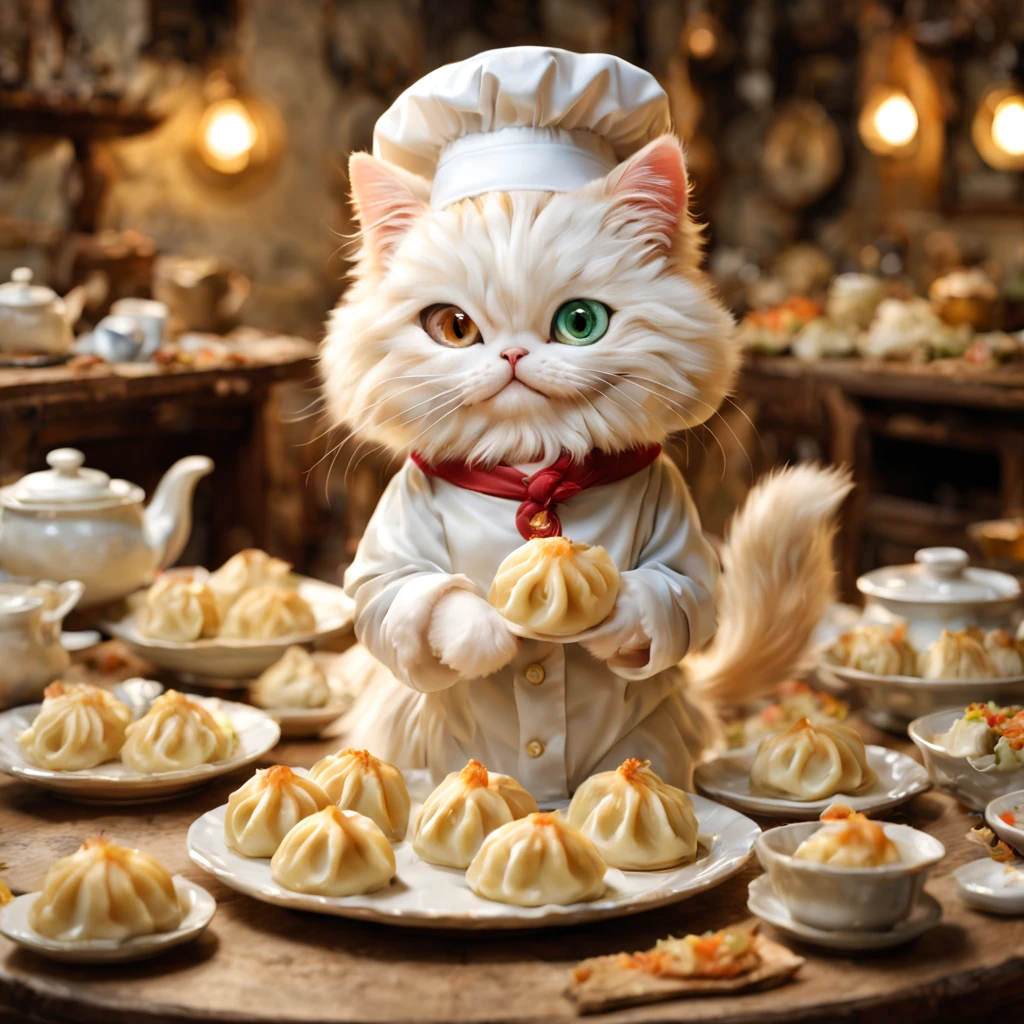 (minuet、In the middle of the meal、Dumplings、chef&#39;charm of、chef's Hat,),,cute little,​masterpiece,top-quality,Fluffy cat,,A delightful,tre anatomically correct,,Fantasia,Cats,minuet,odd eye