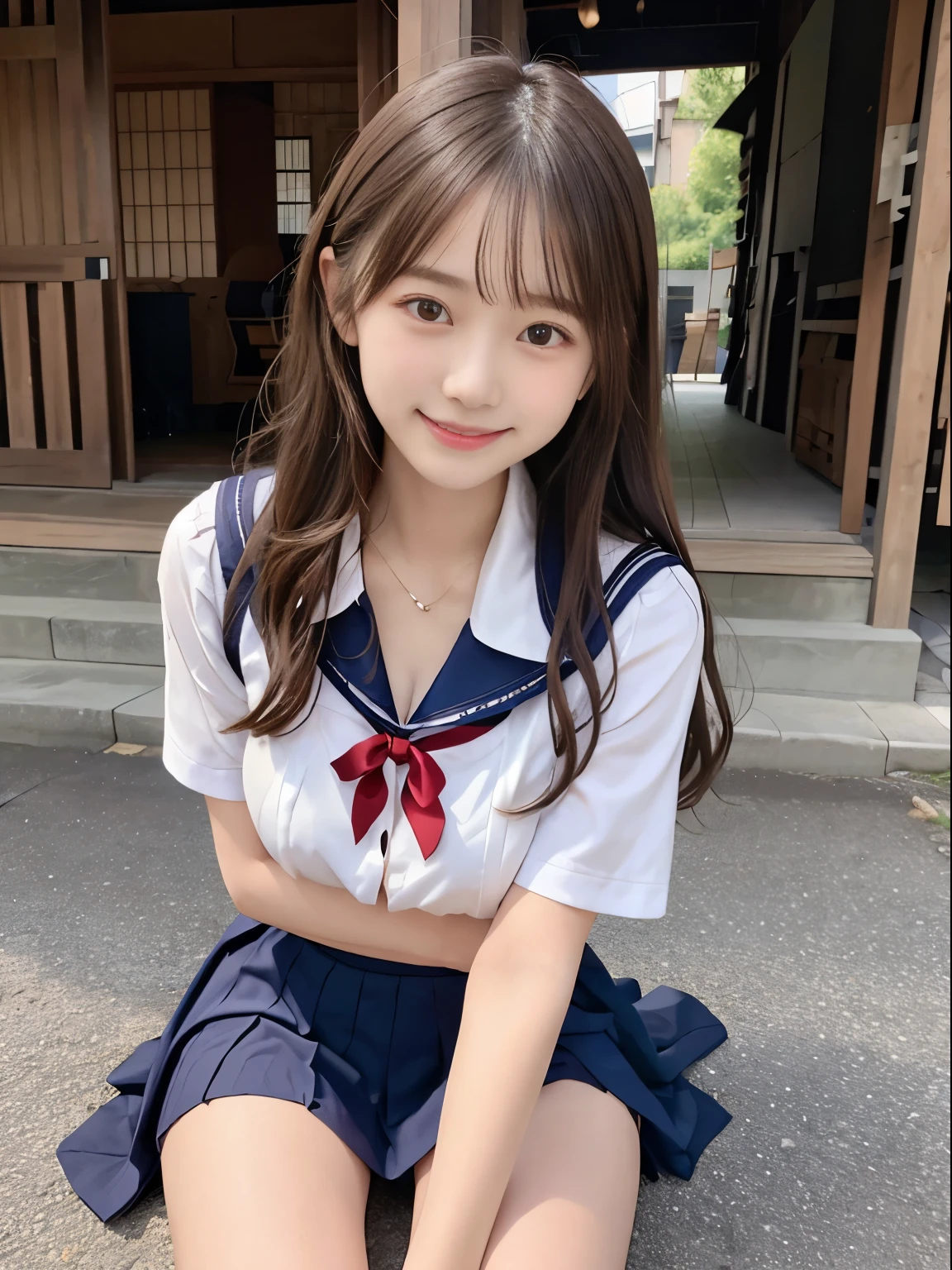 japanes、girl with、1人、sixteen years old、A dark-haired、length hair、high-school uniform、A rippled sailor suit、shortsleeves、summer clothing、cleavage of the breast、undergarment（Ren Hao）is visible、knee sox、tiny chest、Gentle smile、lightly dressed、Skin revealing