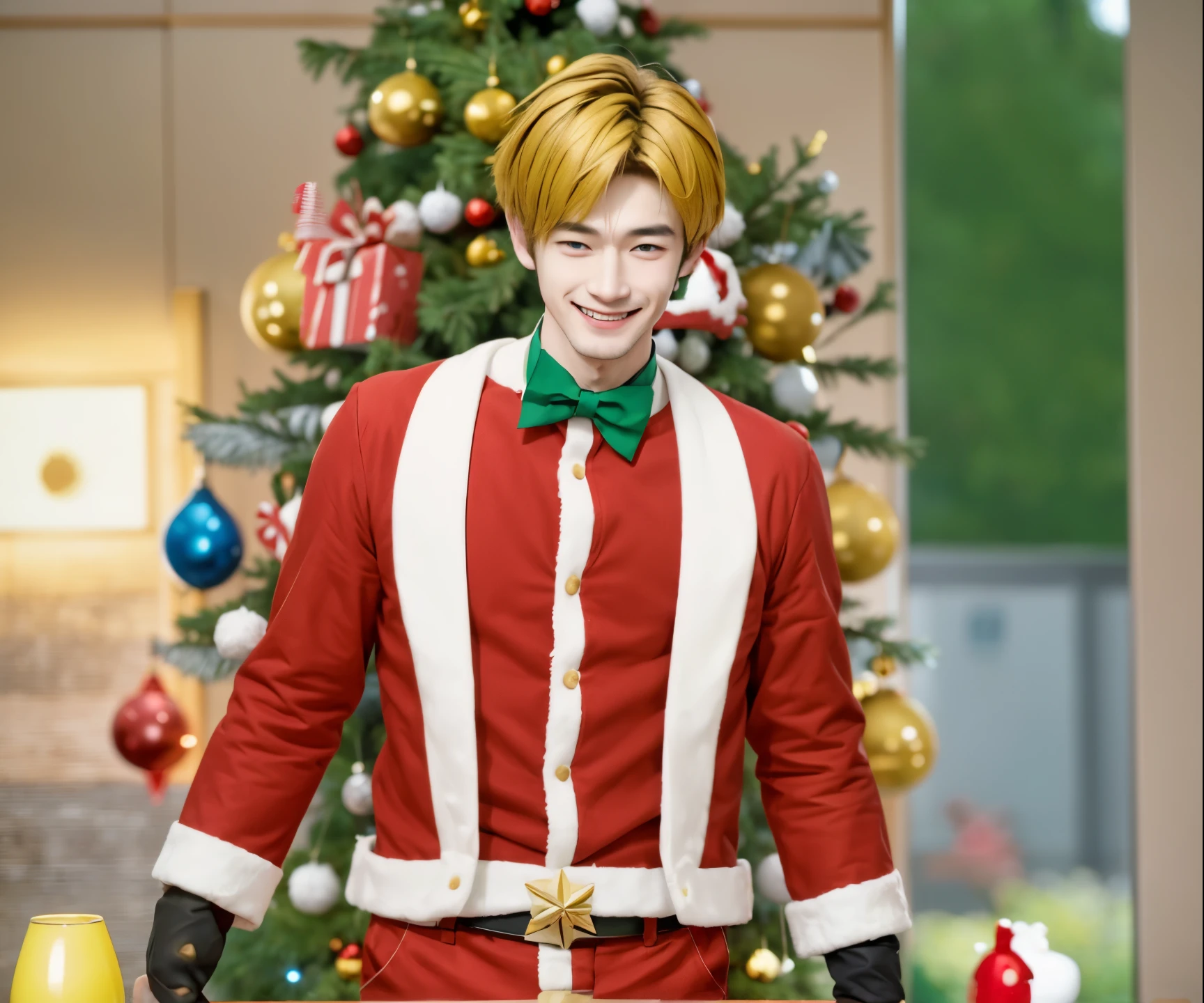 a close up of a Japanese boy in a santa suit standing in front of a christmas tree, wearing red and white, yellow hair and blue eyes ,pointed nose,  perfect smile, realistic ultra details, high quality face