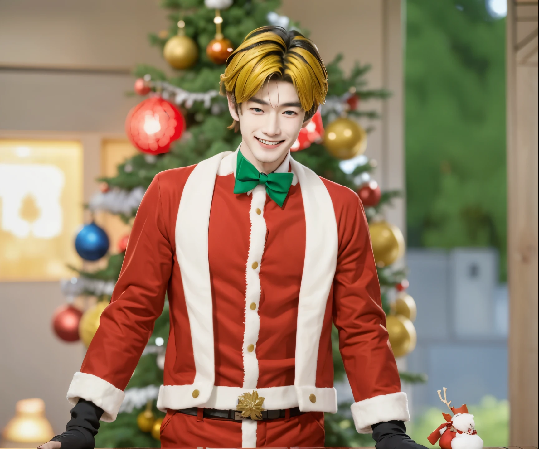 a close up of a Japanese boy in a santa suit standing in front of a christmas tree, wearing red and white, yellow hair and blue eyes ,pointed nose, perfect smile, realistic ultra details, high quality face