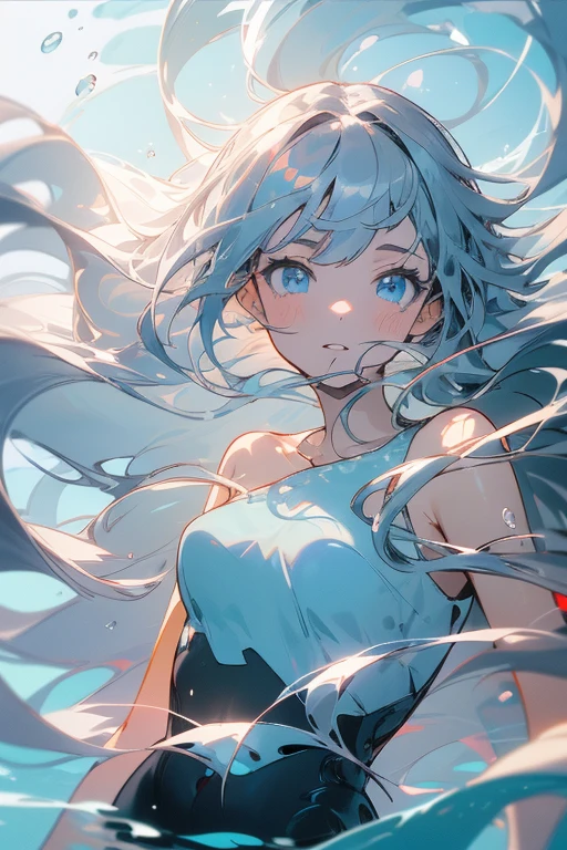 (masutepiece), (Best Quality), Highly detailed, 1 girl, Solo Focus, Perfect face, Anime Beautiful Girl, extra detailed face,(Gray long hair:1.5),(Light blue eyes:1.4),(Floating hair:1.4),under the water,ocean floor,AngelT,foam,Jellyfish,sea weed