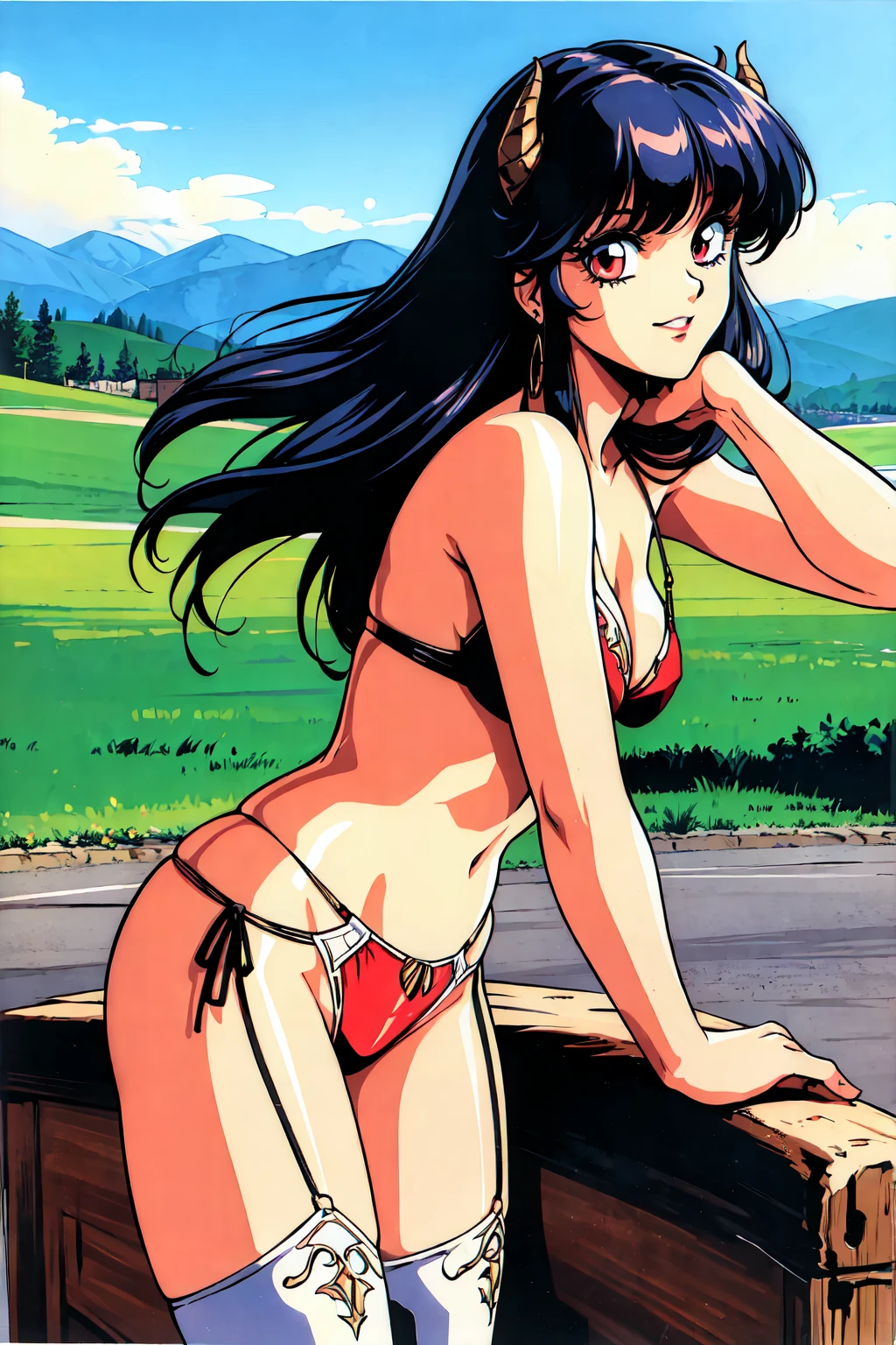 "(masterpiece:1.1), best quality,
1girl, (traditional media 80s:1.4), (eyelashes:1.5), (:1.2),
(intricate high detailed body:1.2),
(black hair:1.1), (bangs:1.1), (long hair, drill hair:1.2), (demon horns:1.1),
red eyes, (lip stick:1.2),
(pale skin:1.2), (slim body:1.1), (medium breasts:1.1),
(grin:1.2),
(bikini armor, garter belt:1.2), (knight armor, armored boots:1.2),
(hoop earrings:1.1), hand cuffs,
standing, (dynamic pose, action pose, leaning forward:1.2),
(upper body, cowboy shot, looking at viewer:1.1),
(daytime, grassland, outdoors:1.1)"
