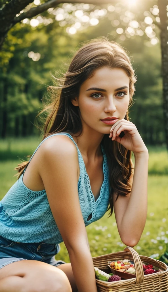 a woman on Picnic, Close-Up, Wide Angle Lens, Deep Depth Of Field, Defined Light Source, Natural Colors, Warm Lighting, Photorealistic