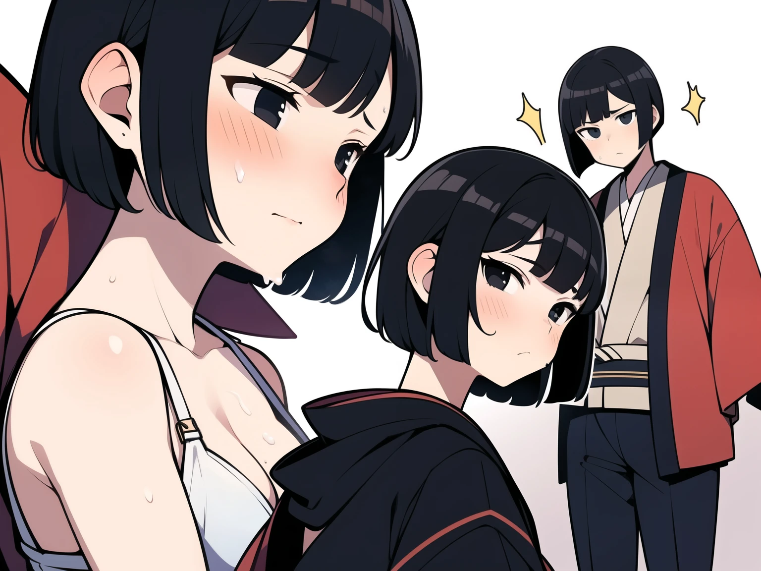 short bob, black hair, black eyes, slant eyes, round face, high , bad mood, kimono, open clothes, intense sex, sweat, fertilization, cross section, cum overflow, (looking back:1.2)
