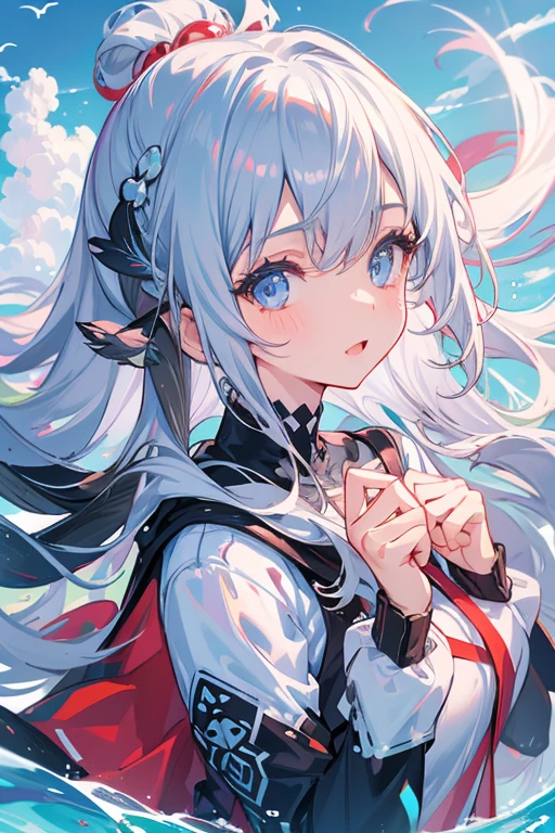 (masutepiece), (Best Quality), Highly detailed, 1 girl, Solo Focus, Perfect face, Anime Beautiful Girl, extra detailed face，(Gray long hair:1.5)，(Light blue eyes:1.4)，(Floating hair:1.4)，under the water，ocean floor，AngelT，foam，Jellyfish，sea weed