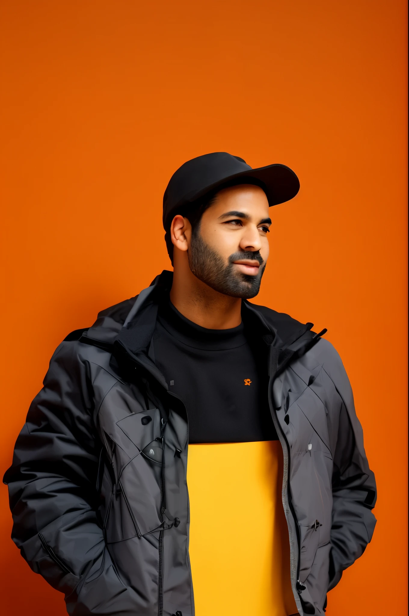 arafed man in a black hat and a gray jacket, yellow backdrop, profile shot, portait photo profile picture, on a yellow canva, promotional picture, in front of an orange background, promotional portrait, minimal background, promo image, portrait photo of a backdrop, portrait mode photo, high quality portrait, edited, headshot profile picture, profile pic, promotional image