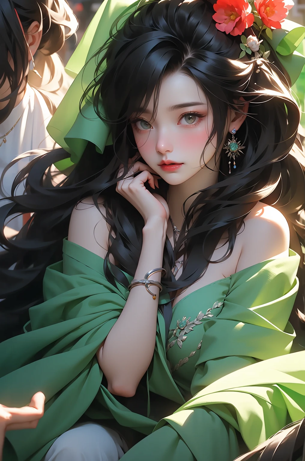 1 girl, jewelry, solo, earrings, long hair, forehead markings, black hair, necklace, bare shoulders, flowers, red lips, hair flowers, upper body, skirt, off shoulder, facial markings, head down, makeup, lips, candles, collarbones, long sleeves, tears streaming down, crying, Tyndall effect, 8k, large aperture, masterpiece of the century, sit, maple leaf, doorway, corridor, Sun on face,