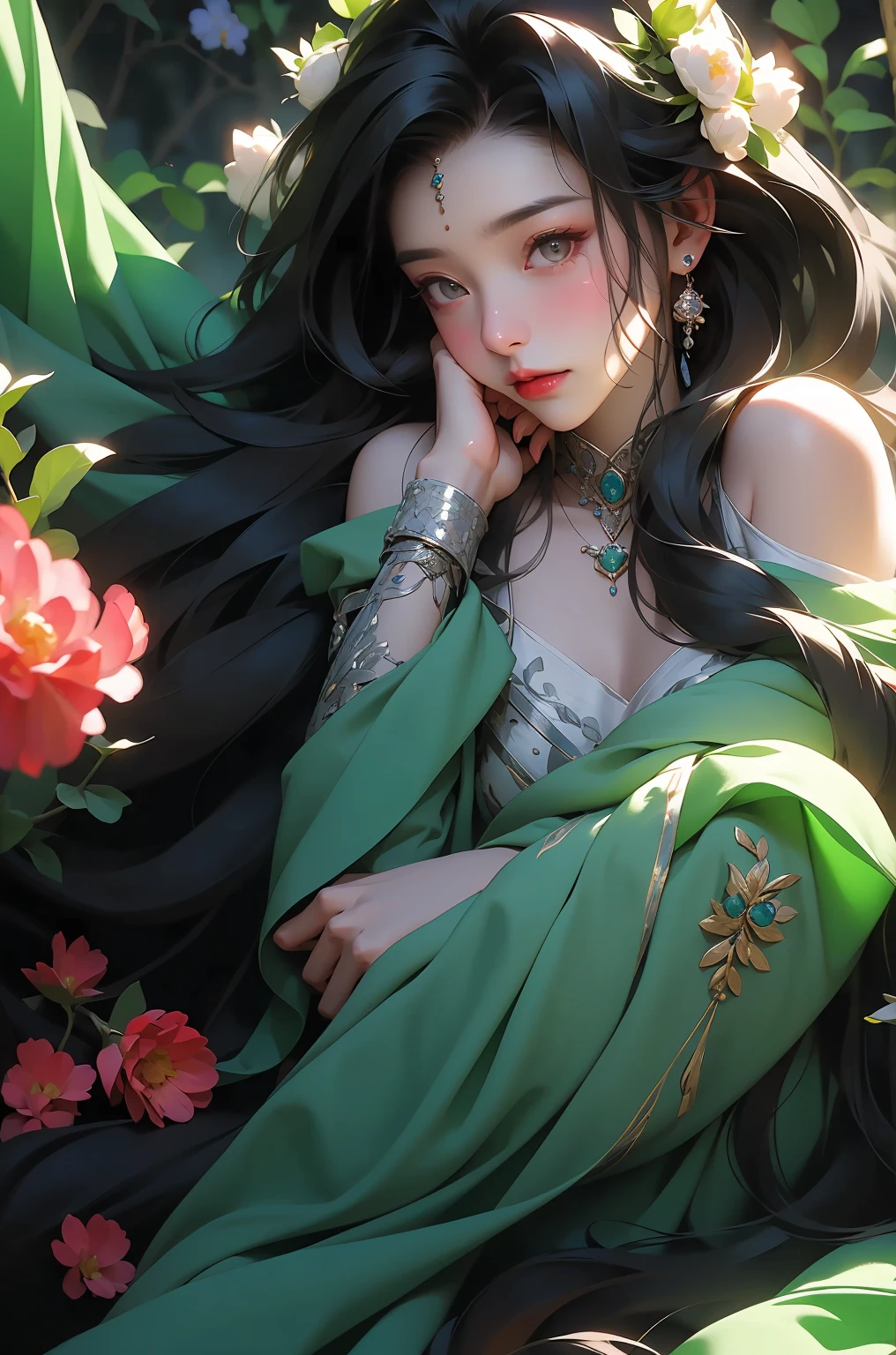 1 girl, jewelry, solo, earrings, long hair, forehead markings, black hair, necklace, bare shoulders, flowers, red lips, hair flowers, upper body, skirt, off shoulder, facial markings, head down, makeup, lips, candles, collarbones, long sleeves, tears streaming down, crying, Tyndall effect, 8k, large aperture, masterpiece of the century, sit, maple leaf, doorway, corridor, Sun on face,
