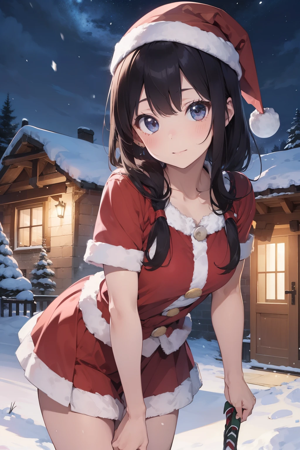 (masterpiece, best quality, high-resolution, ultra-detailed, best quality), 1 girl, santa girl, on the chimney, I'm in trouble, snow, night