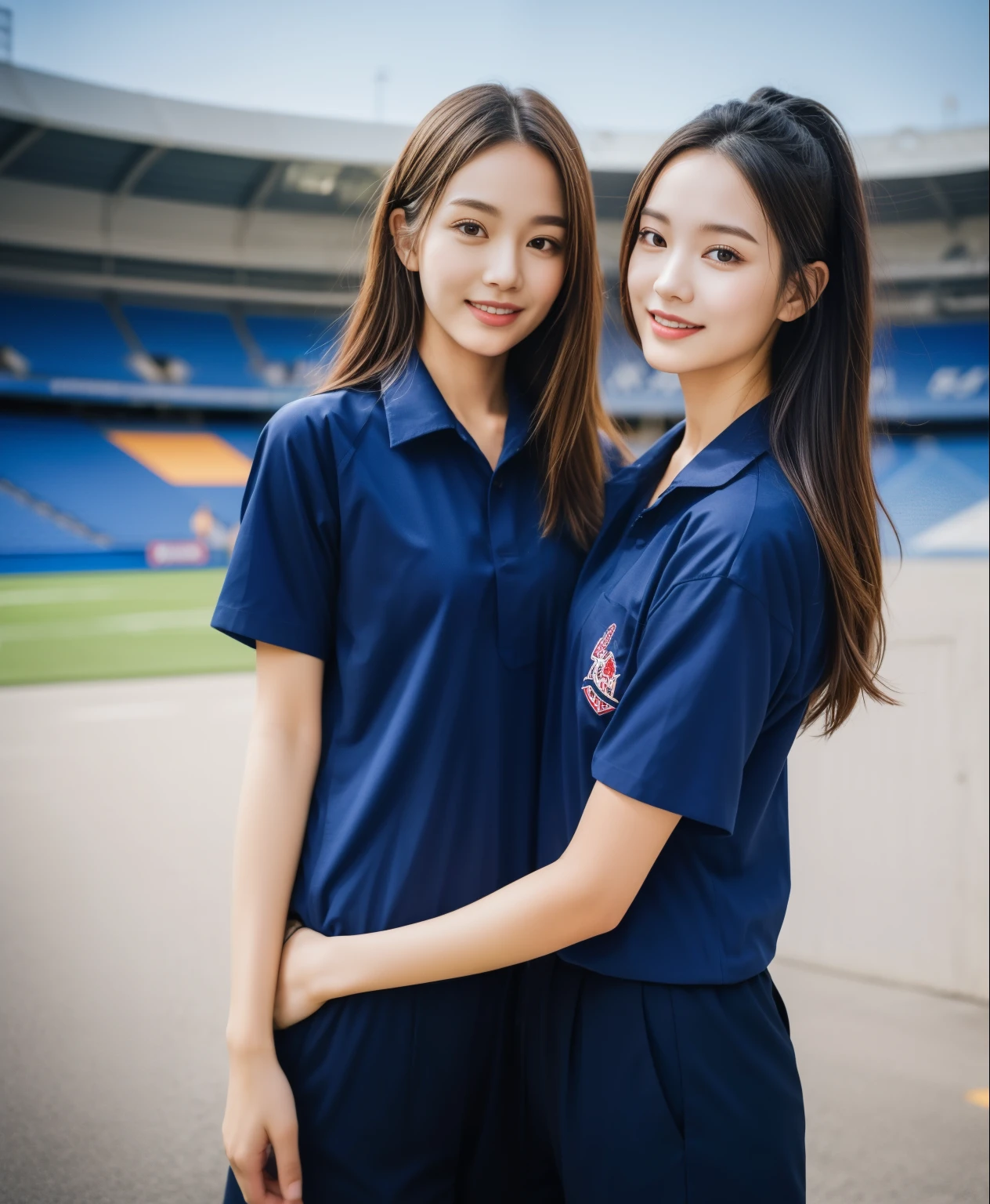 (bestquality,10,10,highres,masterpiece:1.2),ultra-detail,(Realistic,ภาพRealistic,photo-realistic:1.37),1 Cute girl in the football field,oily shiny skin,bara,light smile,BDclothelue shirt:1.3)),short sleeves,shirt, trousers.,(navy_long_ติดตามtrousers:1.1), ((Stadium Background:1.3)),dynamic angle,excited,face focus,Dynamic Poses,from behide,Ass Focus,masterpiece, bestquality, ultra realistic, hyper-detail, 8k resolution, RAW photo, crisp focus, ((Navy blue shirt:1.1)), short sleeves, เส้นทางlong, Complete bodyแบบ, 2 mature women, 18yo, cinematic light,trousersวอร์มสีน้ําเงิน,Gymware,Correct anatomy,Complete body, Correct body, sharp face, Correct bodyทางกายวิภาค, full entire body, Realistic gestures, long-haired, Realistic poses,Wear long shorts............................................,ช่วงขาlong,Shapely,Sculpting Girl, Slender Figure, mannequin mannequins, Shapely, Beautiful body,trousersวอร์มสีน้ําเงิน, Two girls kissing