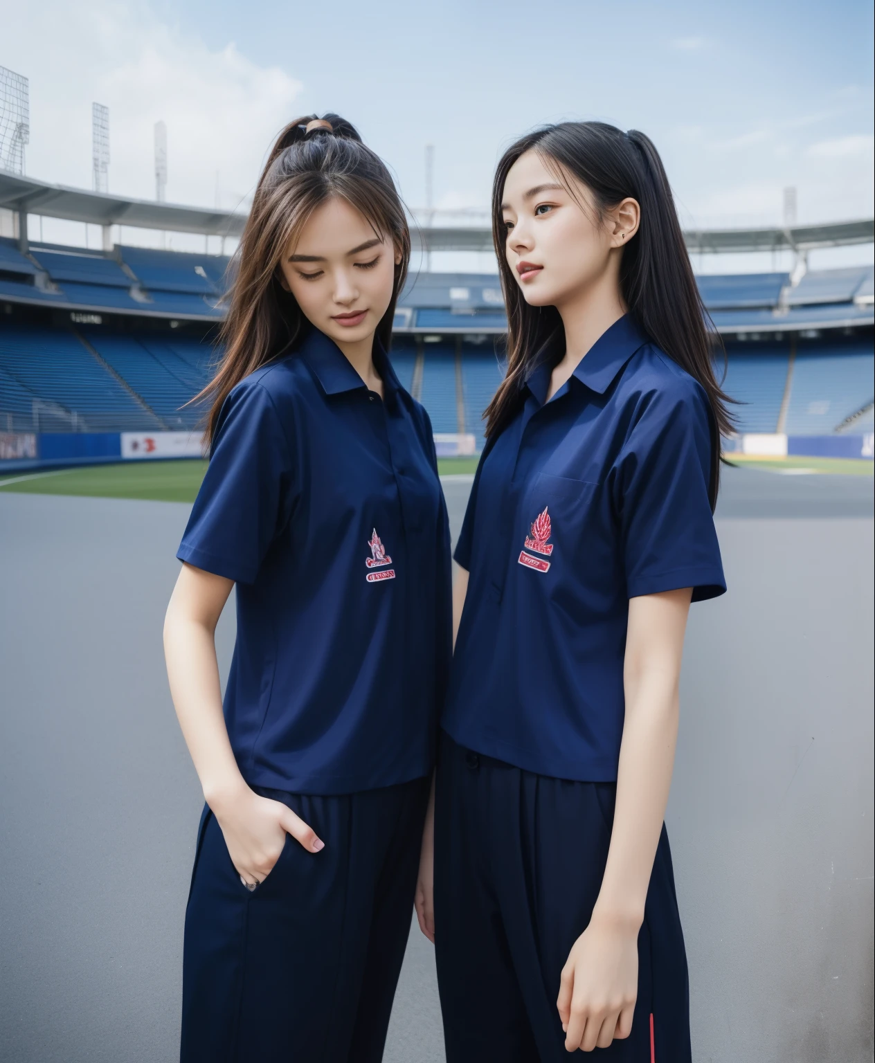 (bestquality,10,10,highres,masterpiece:1.2),ultra-detail,(Realistic,ภาพRealistic,photo-realistic:1.37),1 Cute girl in the football field,oily shiny skin,bara,light smile,BDclothelue shirt:1.3)),short sleeves,shirt, trousers.,(navy_long_ติดตามtrousers:1.1), ((Stadium Background:1.3)),dynamic angle,excited,face focus,Dynamic Poses,from behide,Ass Focus,masterpiece, bestquality, ultra realistic, hyper-detail, 8k resolution, RAW photo, crisp focus, ((Navy blue shirt:1.1)), short sleeves, เส้นทางlong, Complete bodyแบบ, 2 mature women, 18yo, cinematic light,trousersวอร์มสีน้ําเงิน,Gymware,Correct anatomy,Complete body, Correct body, sharp face, Correct bodyทางกายวิภาค, full entire body, Realistic gestures, long-haired, Realistic poses,Wear long shorts..............................,ช่วงขาlong,Shapely,Sculpting Girl, Slender Figure, mannequin mannequins, Shapely, Beautiful body,trousersวอร์มสีน้ําเงิน, Two girls kissing