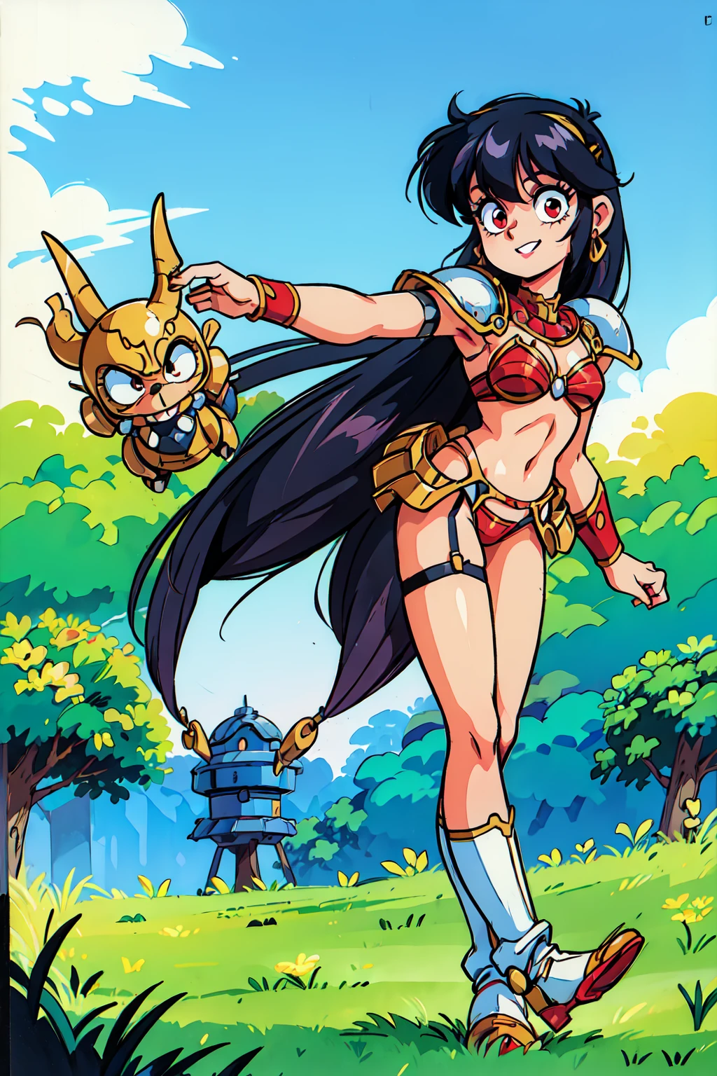 "(masterpiece:1.1), best quality, 
1girl, (traditional media 80s:1.4), (eyelashes:1.5), (:1.2), 
(intricate high detailed body:1.2), 
(black hair:1.1), (bangs:1.1), (long hair, drill hair:1.2), (demon horns:1.1), 
red eyes, (lip stick:1.2), 
(pale skin:1.2), (slim body:1.1), (medium breasts:1.1), 
(grin:1.2), 
(bikini armor, garter belt:1.2), (knight armor, armored boots:1.2), 
(hoop earrings:1.1), hand cuffs, 
standing, (dynamic pose, action pose, leaning forward:1.2),
(upper body, cowboy shot, looking at viewer:1.1),
(daytime, grassland, outdoors:1.1)"