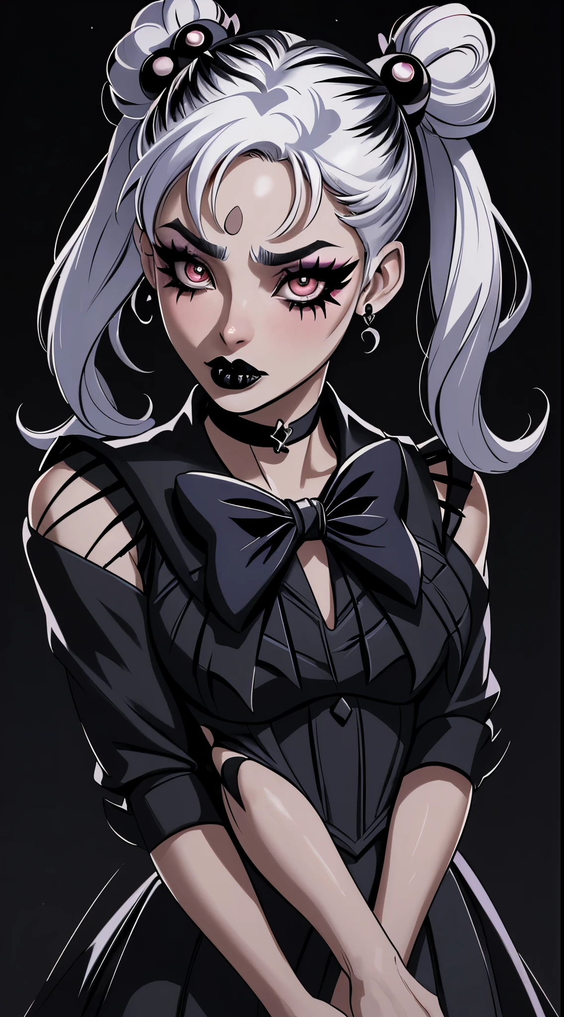 masterpiece, best quality, 1girl, gothic, black lips, solo, black hair, makeup, twin tails, hair buns, (sailor moon:1), multicolored hair, white hair, bangs, eyeshadow, hair bow, bow, lipstick, two-tone hair, mascara, black background, hair ornament, ultra-detailed, extreme detail description, professional, bokeh, adults, anime, photography, subtle lighting, (detailed hands, detailed face, detailed body,), illustration, vivid colors, portraits, studio lighting, sharp focus, physically-based rendering, horrified color palette, dramatic lighting.