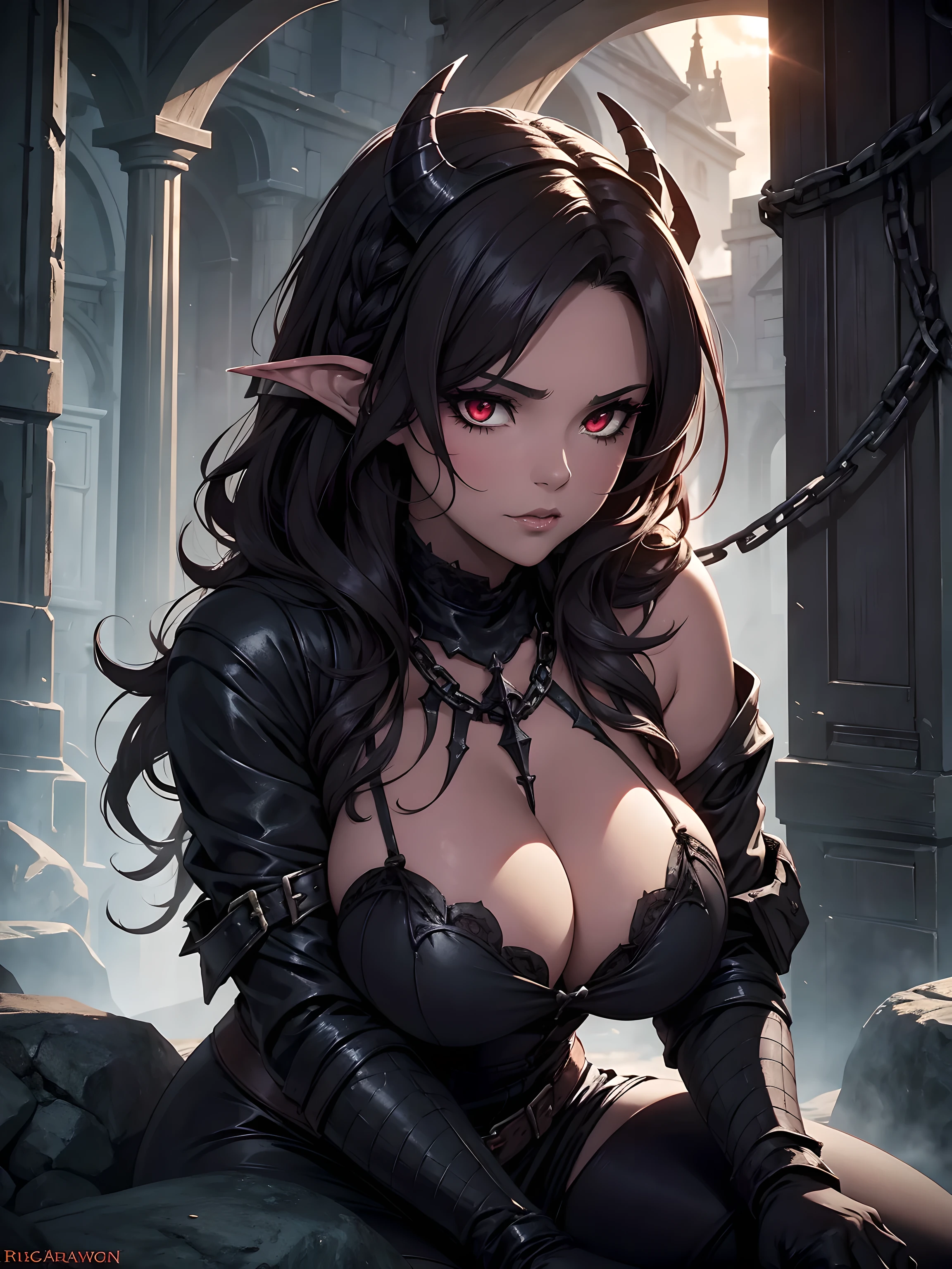 Fantasy, darkest dungeon, a beautiful voluptuous succubus with a curvy body lying on the stone ground, firmly tied, bound with heavy iron chains, fear, angst, red eyes, braid, High detailed, 4k, Masterpiece, Cinematic Lighting, close up shot of her face and cleavage