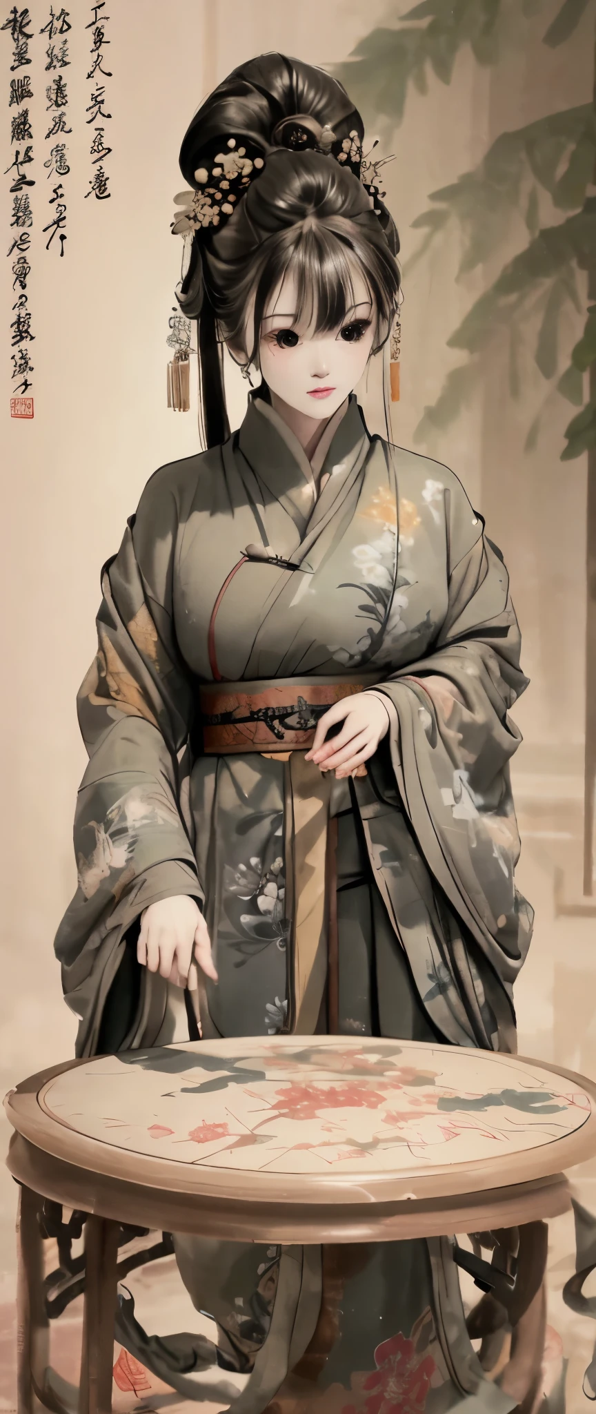 a close up of a full colour painting of people in a landscape, ancient chinese beauties, qing dynasty painting, by Wang Lü, su fu, mu pan, by Lü Ji, song dynasty, ancient china art style, chinese painting, robed figures sat around a table, by Wang Hui, by Yun Du-seo, old chines painting, traditional chinese painting