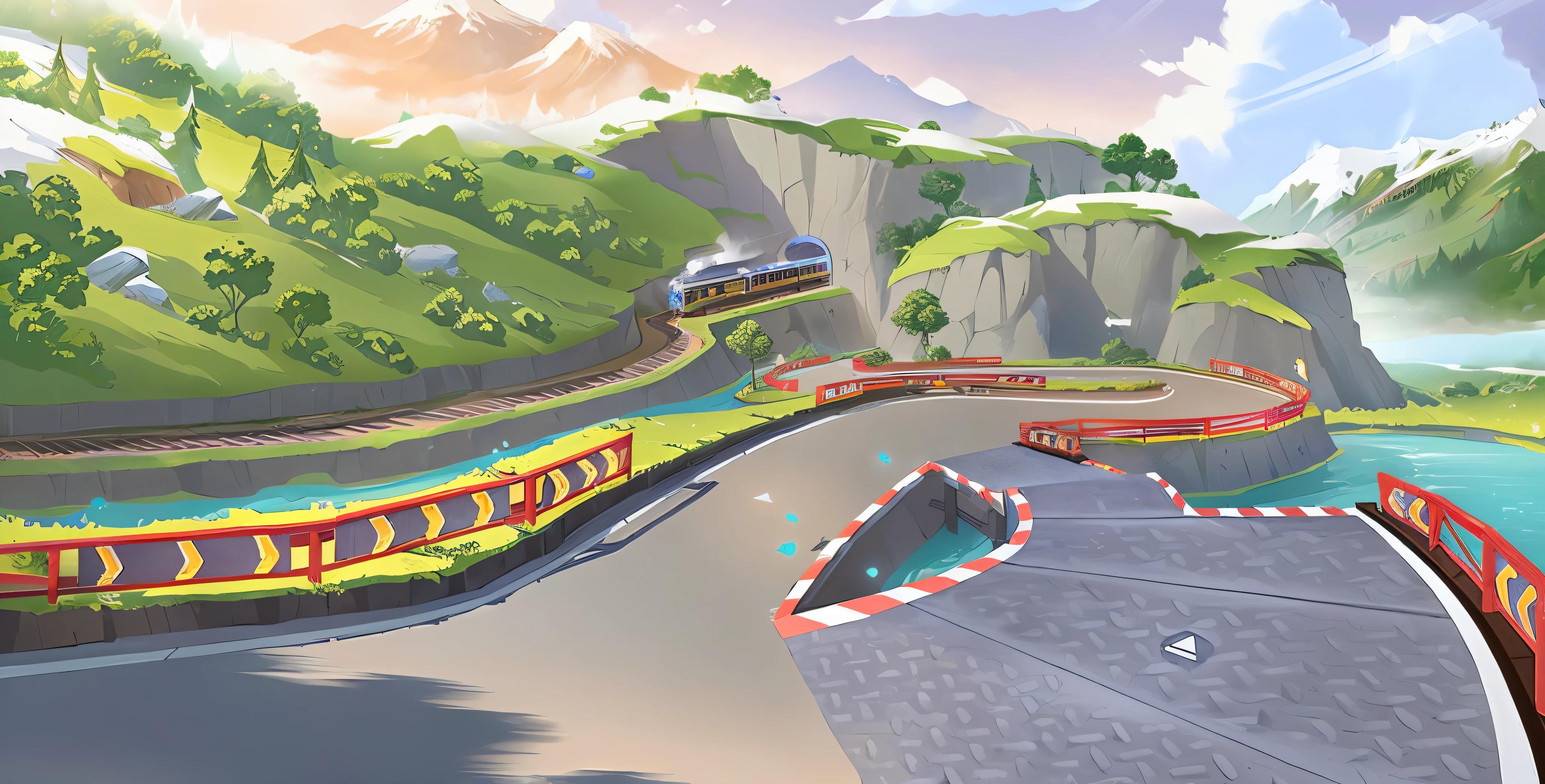 There is a train running along the tracks in the mountains, race track background, Game illustration, stylized concept art, offcial art, offcial artwork, detailed art for the game, scenery game concept art, 线条Clear public areas流畅, Official concept art, outrun art style, Official illustration, detailed art for the game illustration, mobile art for the game, published art, art for the game, conceptual drawing，Clear public areas