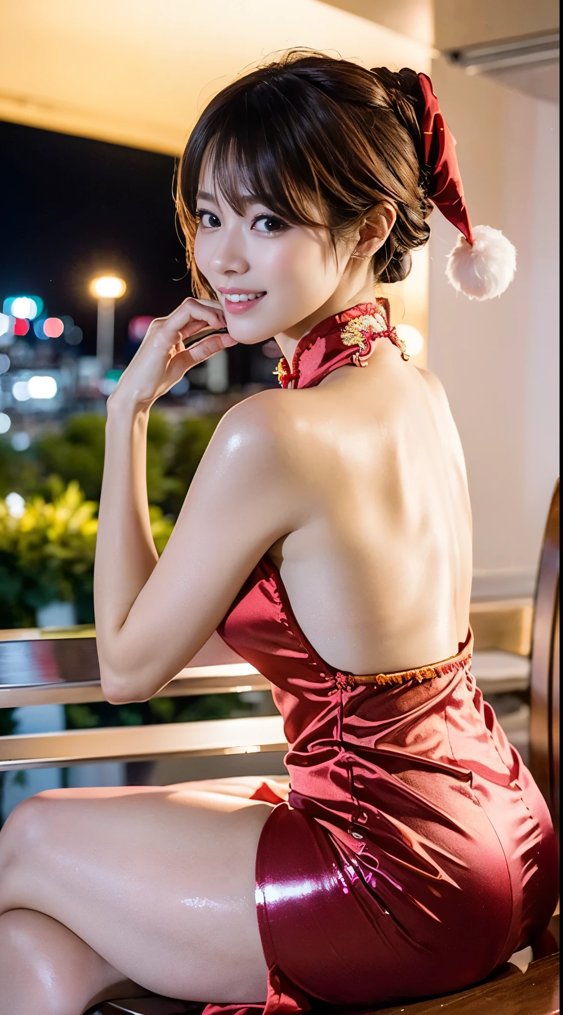 (((solo person))),(((A slender and beautiful gravure idol who wears a red Santa hat and stiletto heels in a sleeveless Chinese dress that clearly shows off her body lines.))),(((Sitting on a chair and relaxing on the balcony of a hotel with a beautiful night view late at night, looking at the beautiful night view.))),(((Royals Astepiece:1.6))),(((ulzzang-6500))),(((perfect anatomia))),(((Deep depth of field with Hasselblad))),(((Beautiful slim and muscular waistline))),masterpiece,top-quality,超A high resolution,High detailed full body portrait,(photographrealistic:1.4),(((High nose and chiseled beautiful face))),(((Long limbs like a model))),Fair skin is dazzling,(((red satin long cheongsam dress))),Tuck your chin, raise the corners of your mouth and smile happily.,((Take a full body photo from the side)),20yr old,cute little,Long, shiny chestnut hair waving in the wind,((Plump G-cup bust and beautiful waistline),(raise the corners of your mouth and smile happily),A detailed eye,(( Gravure photography)),((Her legs are dazzling through the long skirt with a slit up to her waist.)),Cute big eyes and long eyelashes,Distinct double eyelids,((shiny thick lips)),(((perfect anatomia))),