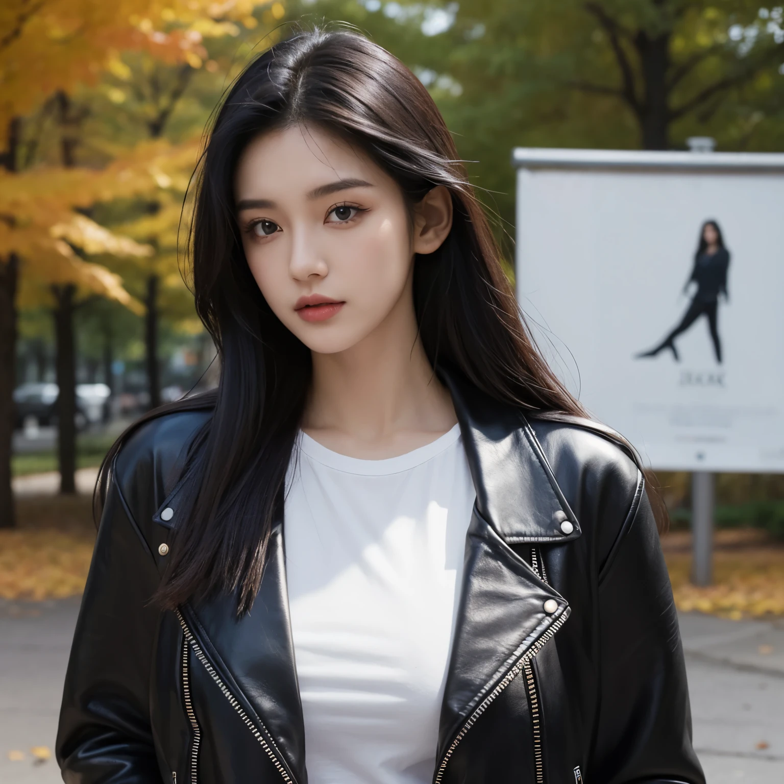 rl 20 years old, slim, average breast size, long black hair, hair is loose, brown eyes, looking straight ahead, wearing a black leather jacket, A solid-colored t-shirt, black cloth Park, lots of trees, fall, leaves falling,The cover, the poster, the pretty picture,