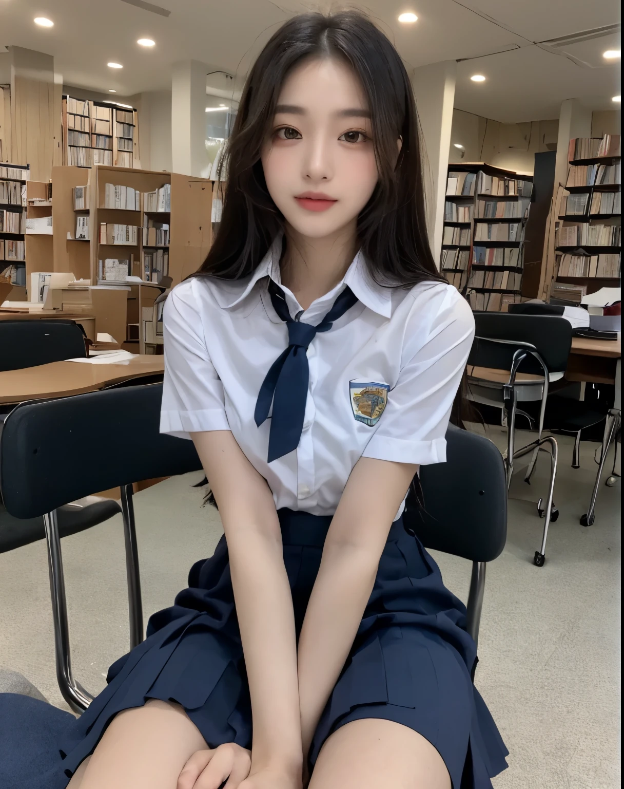 (Masterpiece, best resolution: 1.2), (brown eyes), seduction, smile, long hair, small breast, high-definition facial features, 8K, double eyelids, delicate facial feature, natural body, ((sharp defined jawline 1.4)) ((((wearing school uniform and skirt))), (((library))), (sitting on chair), ((full body))