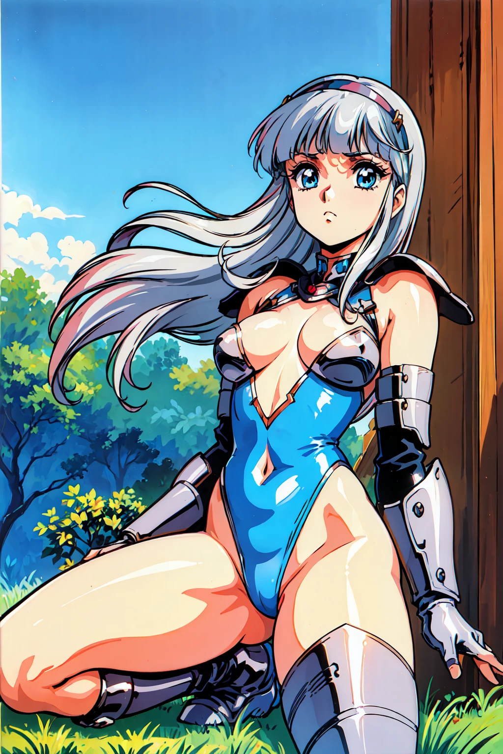 "(masterpiece:1.1), best quality,
1girl, (traditional media 80s:1.4), (eyelashes:1.5), (:1.2),
(intricate high detailed body:1.2),
(silver hair:1.1), (blunt bangs:1.1), (long hair, wavy hair:1.1), (headband:1.1),
blue eyes,
(medium breasts:1.1),
(expressionless:1.2),
(leotard armor, navel cutout:1.2), (knight armor, armored boots:1.2),
(fur:1.1), (streaked hair:1.2), gloves,
(dynamic pose, spread legs:1.1),
(cowboy shot, cameltoe:1.1),
(daytime, grassland, outdoors:1.1)"