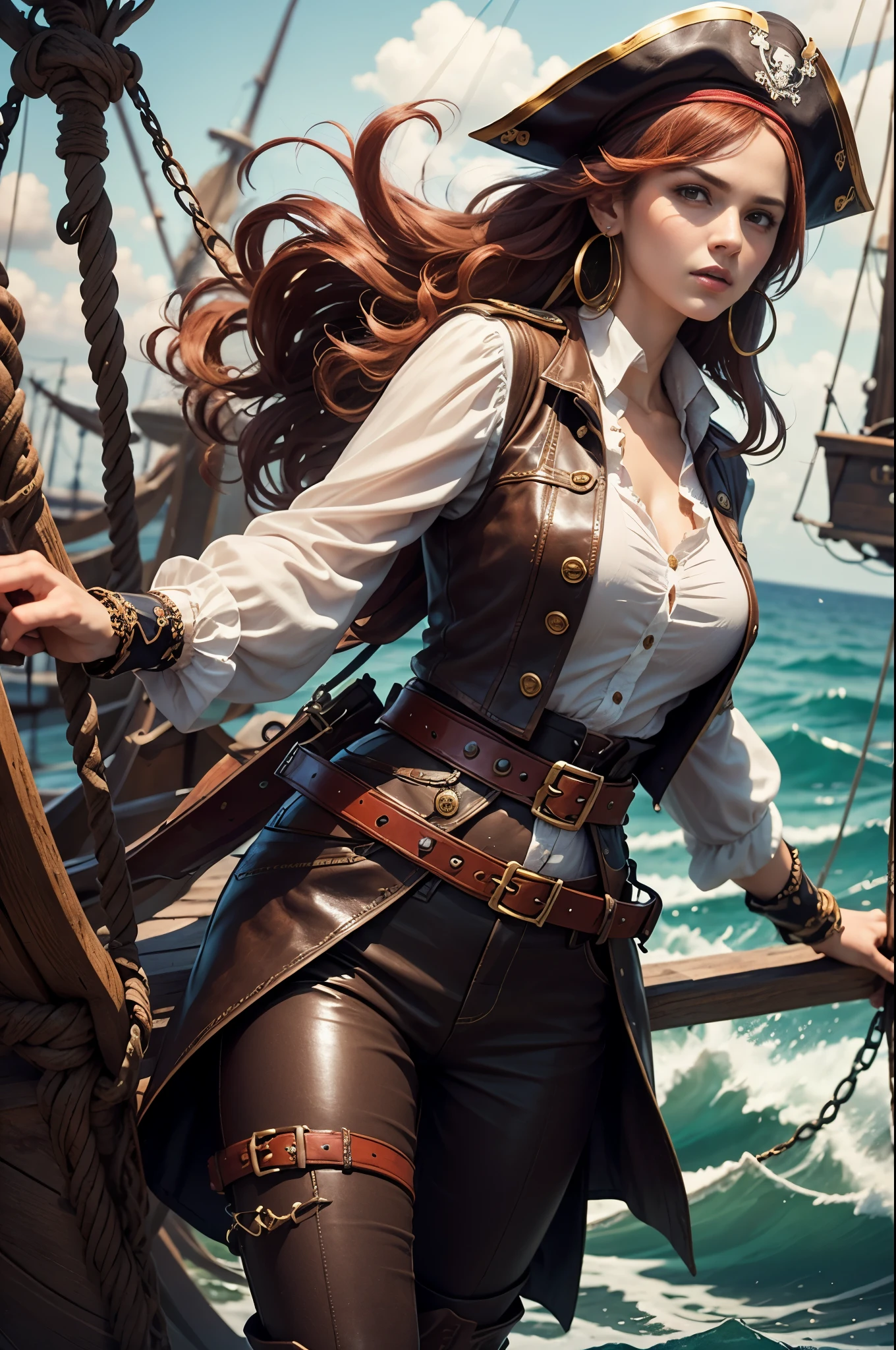 (masterpiece), best quality, expressive eyes, perfect face, (pirate ship background), (standing), (smirk), (closeup view), (1girl,freckled skin,glossy skin, red hair,green eyes, hourglass figure, thin body, skinny body, petite_body, medium breasts, thick thighs, long fingernails, hoop earrings, white front lace blouse, long sleeve, loose fit, black leather corset, brown leather shorts, brown boots, sheathed cutlass sword, flintlock pistol in holster, hoop earrings, miscellaneous jewelry) thong straps