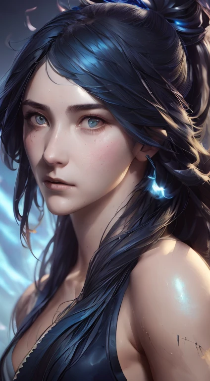 Girl with long hair, In costume, consisting of black feathers with a blue glow), low key light, many details, a closeup of a, hyper-detailing, Greg Rutkowski's style