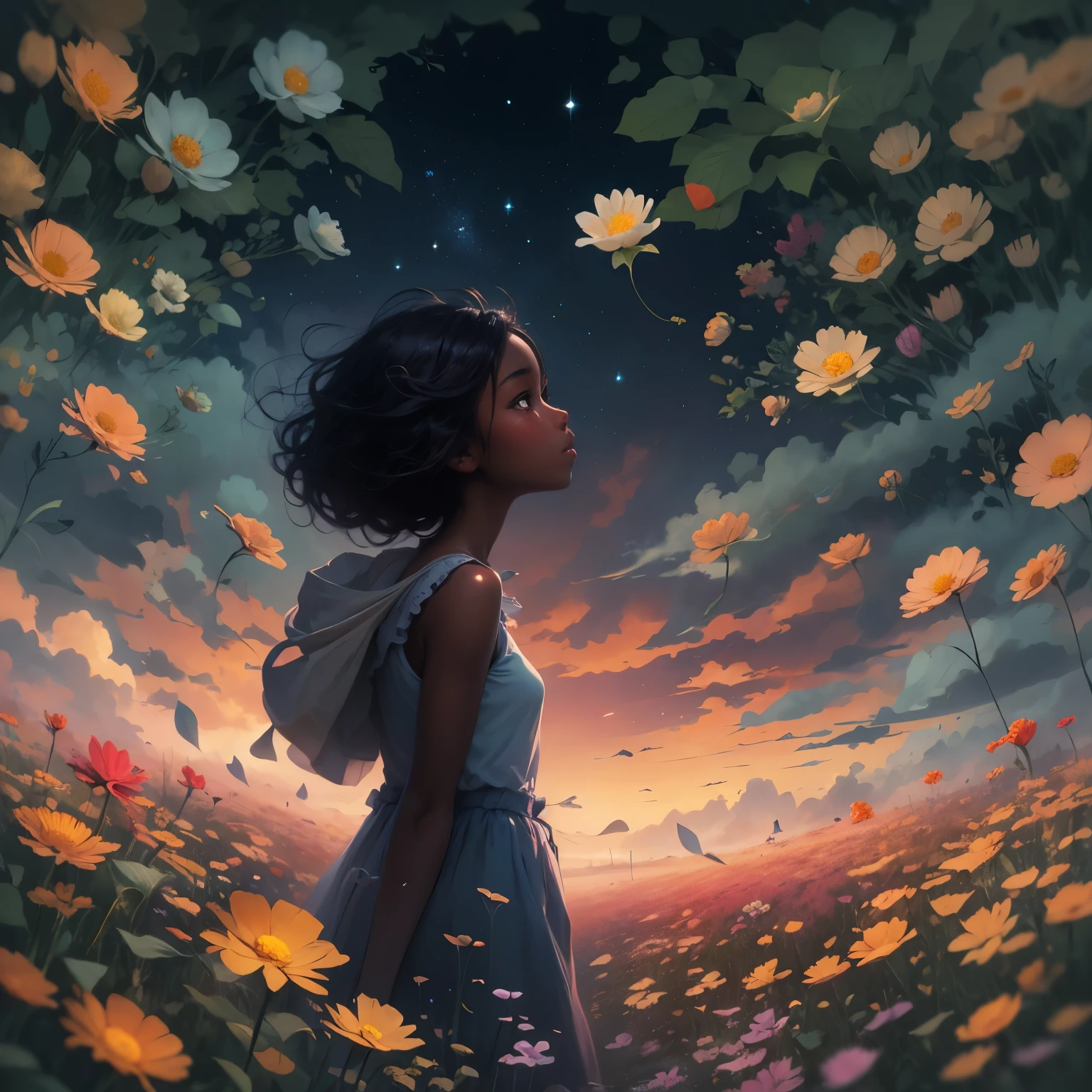 There is a black girl (dark skin) standing in a flower field looking up at the sky, a girl standing in a flower field, a girl walking in a flower field, lost in a dreamy wonderland, standing in a flower field, fantastic digital painting, the sky gradually clears, the starry sky gradually recedes, waiting for the ship to come in, art by Laura Diehl  Yaoyao Ma Van As