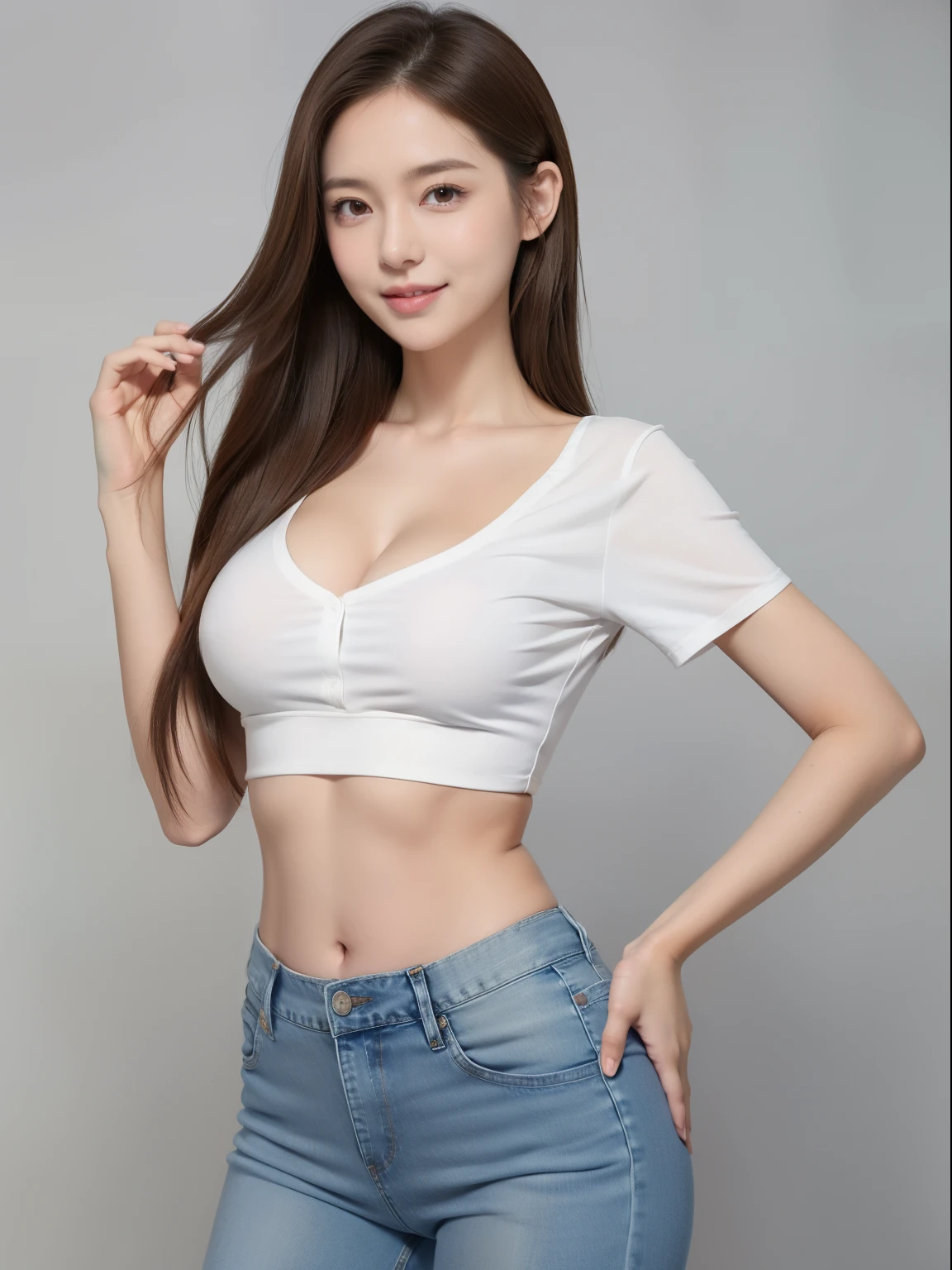 1girl in, Solo, Long hair, breasts, Smile, large breasts, Brown hair, Shirt, Navel, cleavage, Brown eyes, 鎖骨, white Shirt, Short sleeves, Midriff, Pants, Lips, croptop, put hands on the hip, Looking to the side, Blue background, denim, jeans, Nose, masutepiece, Best Quality, Highly detailed