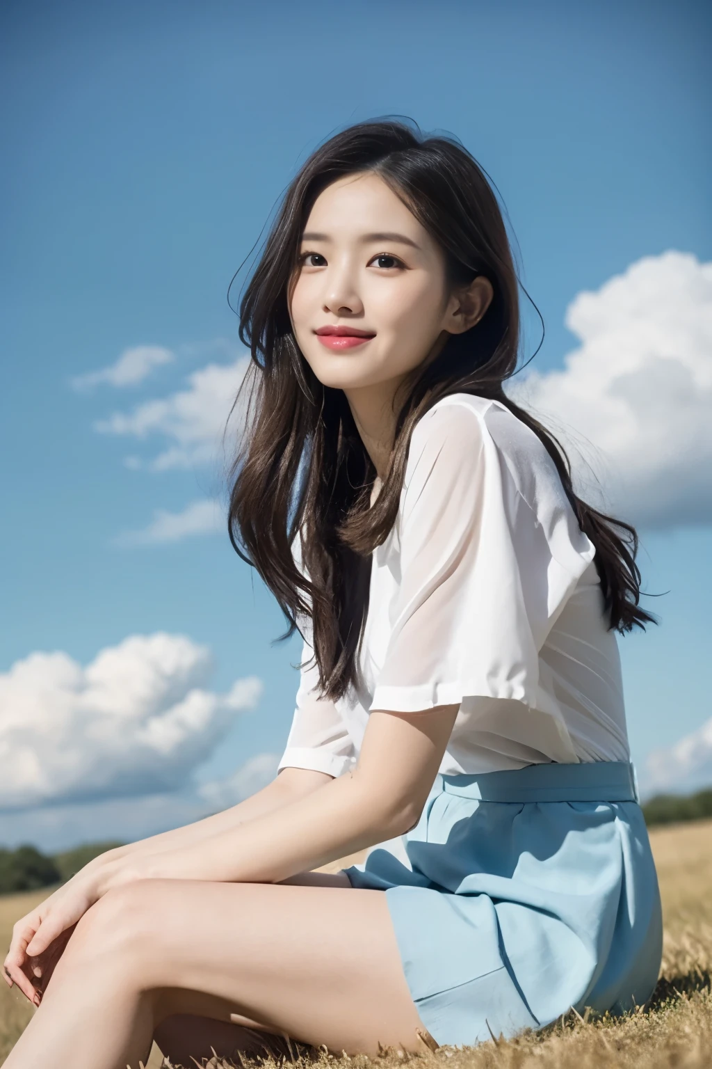 A nice and cute girl，Full body photo，Extremely beautiful and delicate，Black color hair，A sweet smile，Delicate and beautiful fair skin，Realistic and realistxquisite and complete facial features，Detailed depiction of the face，tall nose bridge，Smooth hair，extremely detail hair，Feminine temperament，Fill your face light，Tall and tall，Thin，Realiy，Hyper-realism，full body shot shot，Forward tilt angle,Extreme picture quality,Highest precision,Precise and perfect human anatomy。with blue sky and white clouds，Sitting on the Steppe，with blue sky and white clouds，rays of sunshine，cattle and sheep，(White chiffon skirt)Panties are clearly visible. telephoto shot，Express the landscape，Highlight portrait。Delicate fingers