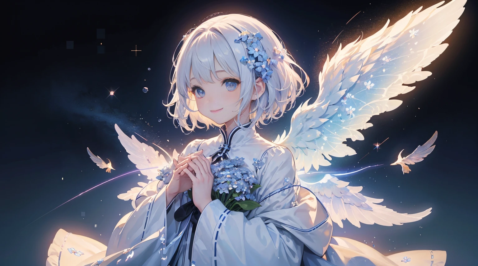 (1girl in:1.3)、(Fractal Art:1.3)、white  hair、short-hair、Spread your shining wings with both hands、embrace your heart、I&#39;ll give you the light of a diamond、forget-me-not blue light、A guide to endless blooming flowers、No problem、side lights、A smile