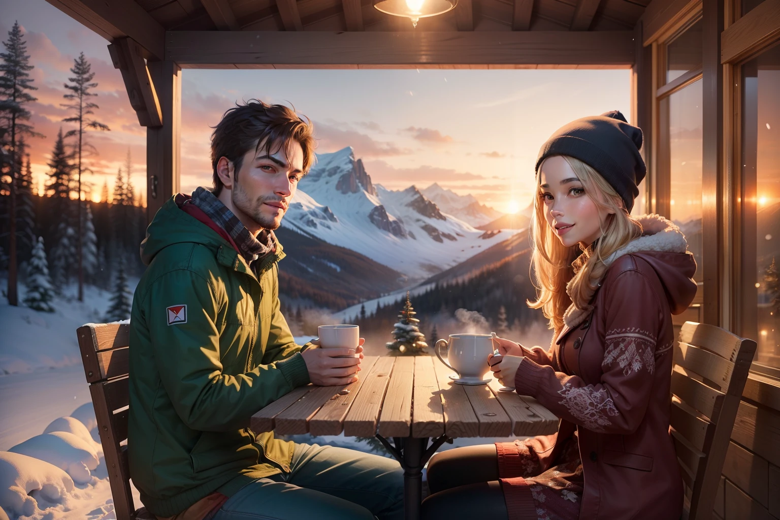 Cool couple just chilling sitting in the porch of a wood cabin in a snowy mountain, colourful winter clothing, smiling, sunset, bushes and trees with snow, highly detailed. Photorealistic.