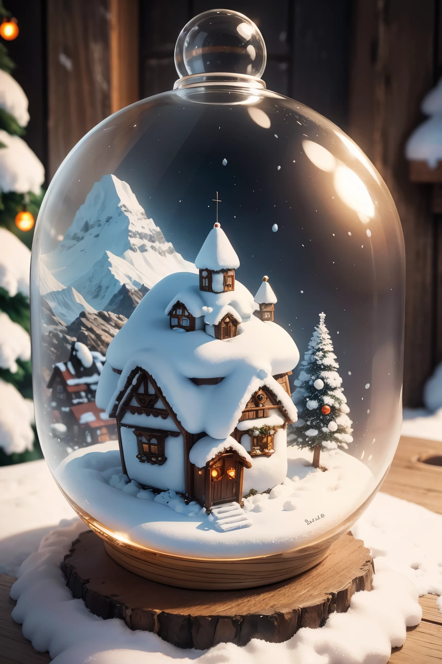 A cute miniature snowman in front of a miniature snow-covered mountain village in a glass bell on a wooden table.