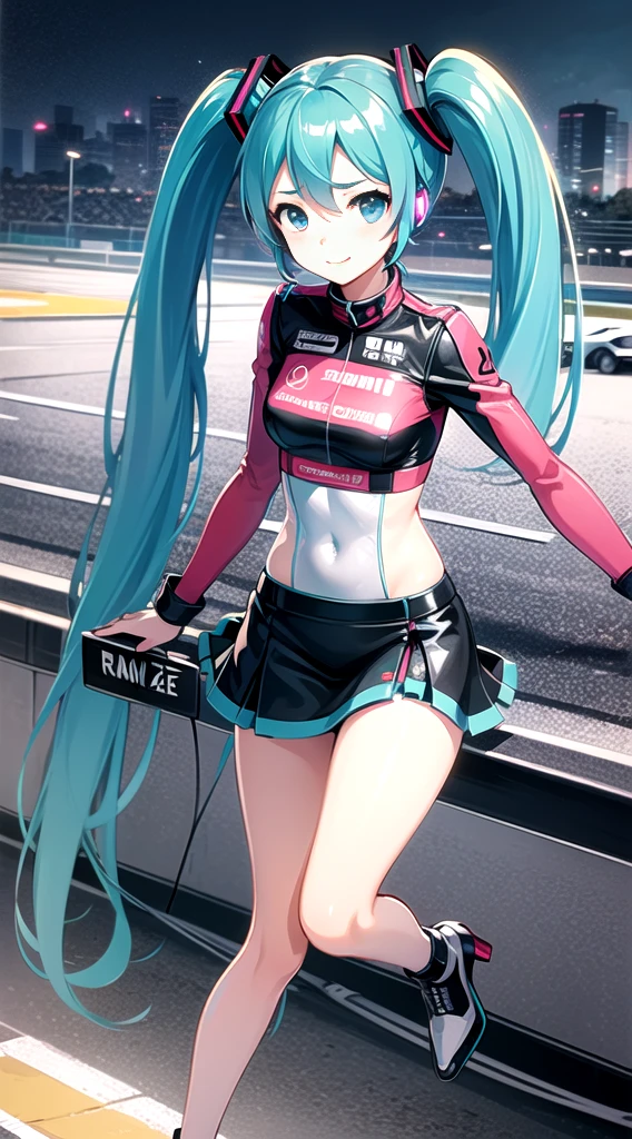 ((Hatsune Miku)), Cute outfit, twintails, mini skirt, high heels, ((race queen)), ((race circuit)), Mercedes-Benz, high quality, high resolution, anime illustration