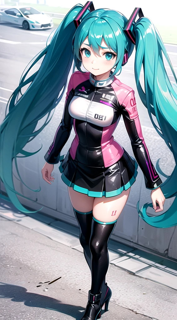 ((Hatsune Miku)), Cute outfit, twintails, mini skirt, high heels, ((race queen)), ((race circuit)), Mercedes-Benz, high quality, high resolution, anime illustration