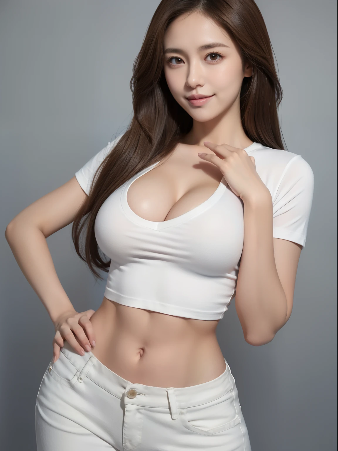 1girl in, Solo, Long hair, breasts, Smile, large breasts, Brown hair, Shirt, Navel, cleavage, Brown eyes, 鎖骨, white Shirt, Short sleeves, Midriff, Pants, Lips, croptop, put hands on the hip, Looking to the side, Blue background, denim, jeans, Nose, masutepiece, Best Quality, Highly detailed