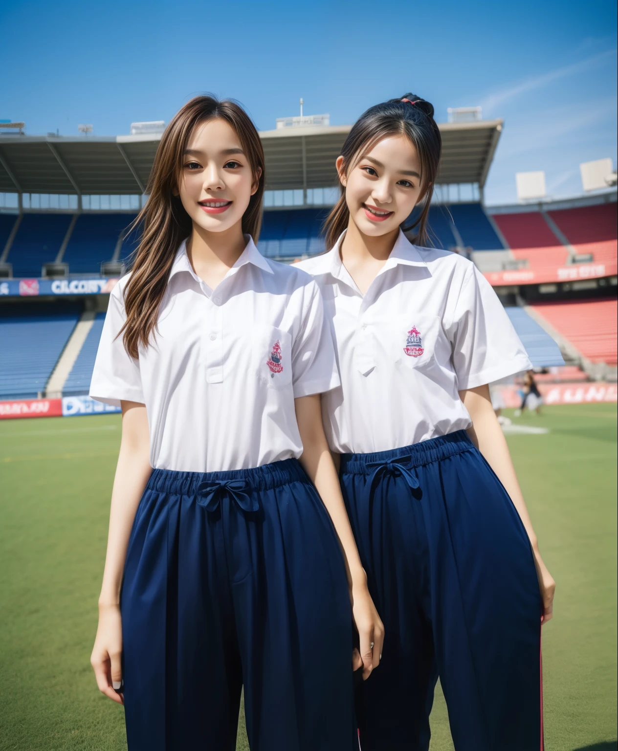 (bestquality,10,10,highres,masterpiece:1.2),ultra-detail,(Realistic,ภาพRealistic,photo-realistic:1.37),1 Cute girl in the football field,oily shiny skin,bara,light smile,BDclothelue shirt:1.3)),short sleeves,shirt, trousers.,(navy_long_ติดตามtrousers:1.1), ((Stadium Background:1.3)),dynamic angle,excited,face focus,Dynamic Poses,from behide,Ass Focus,masterpiece, bestquality, ultra realistic, hyper-detail, 8k resolution, RAW photo, crisp focus, ((Navy blue shirt:1.1)), short sleeves, เส้นทางlong, Complete bodyแบบ, 2 mature women, 18yo, cinematic light,trousersวอร์มสีน้ําเงิน,Gymware,Correct anatomy,Complete body, Correct body, sharp face, Correct bodyทางกายวิภาค, full entire body, Realistic gestures, long-haired, Realistic poses,Wear long shorts........................................,ช่วงขาlong,Shapely,Sculpting Girl, Slender Figure, mannequin mannequins, Shapely, Beautiful body,trousersวอร์มสีน้ําเงิน, Two girls kissing