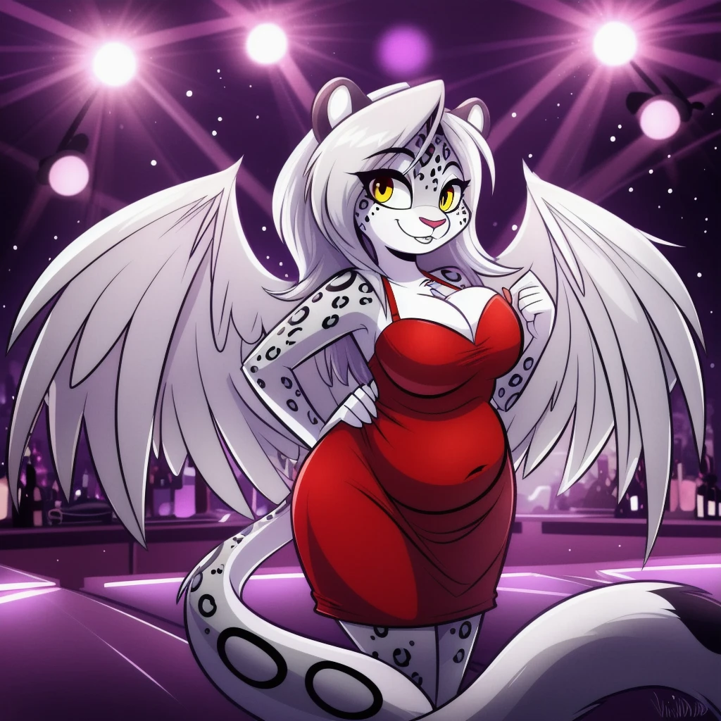 (Vivziepop style), , zoophobia, (by vivzmind), solo, (snow leopard), long silver hair, yellow eyes, by vivzmind, (best quality, masterpiece:1), detailed, no humans, furry, anthro, voluptuous, chubby, (red dress), (white demon wings), nightclub background,