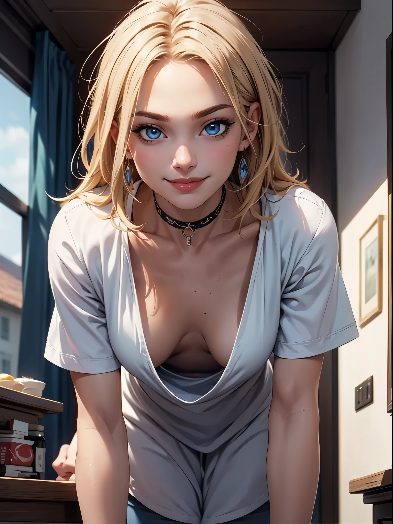 1woman, leaning forward, winking, , smiling, looking at viewer, centered, choker , blondde hair, , dark blue eyes, piercing eyes downblouse, loose t-shirt, medium breasts, masterpiece, intricate, realistic, cute face, sharp focus, award winning photograph, white shirt,